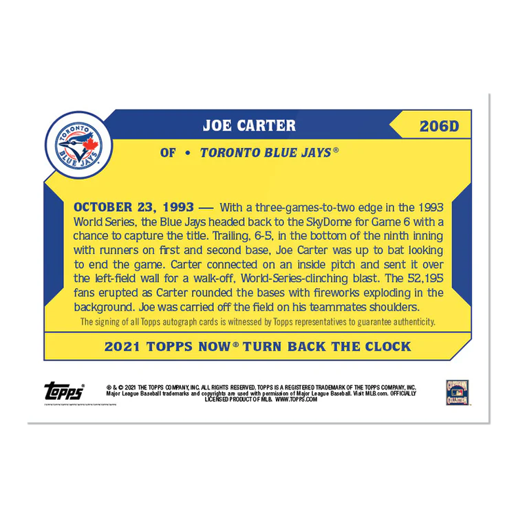 On-Card Auto # to 5 - Joe Carter - 2021 MLB TOPPS NOW® Turn Back The Clock - Card 206D