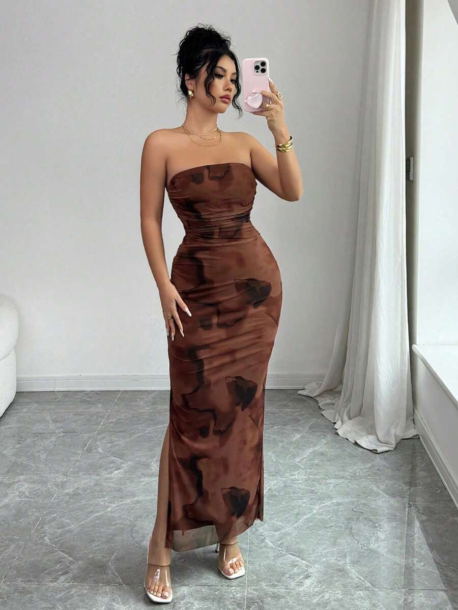 Rafferiza Ladies Elegant Pleated Smudged Mesh Print Waist Bandeau Dress Party Slit Dress, Brown Contrast Bandeau Dress, Mesh Hip Wrapping Tight Printed Dress