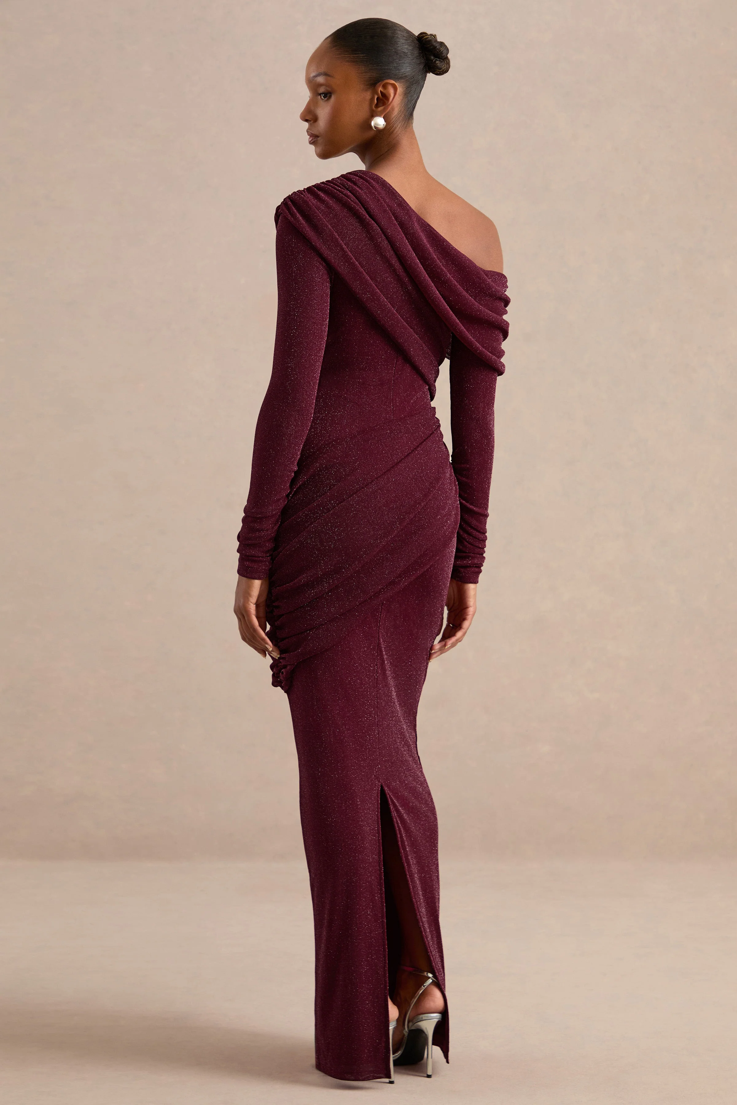 Annemarie | Burgundy Mesh One Shoulder Long Sleeve Maxi Dress With Ruching
