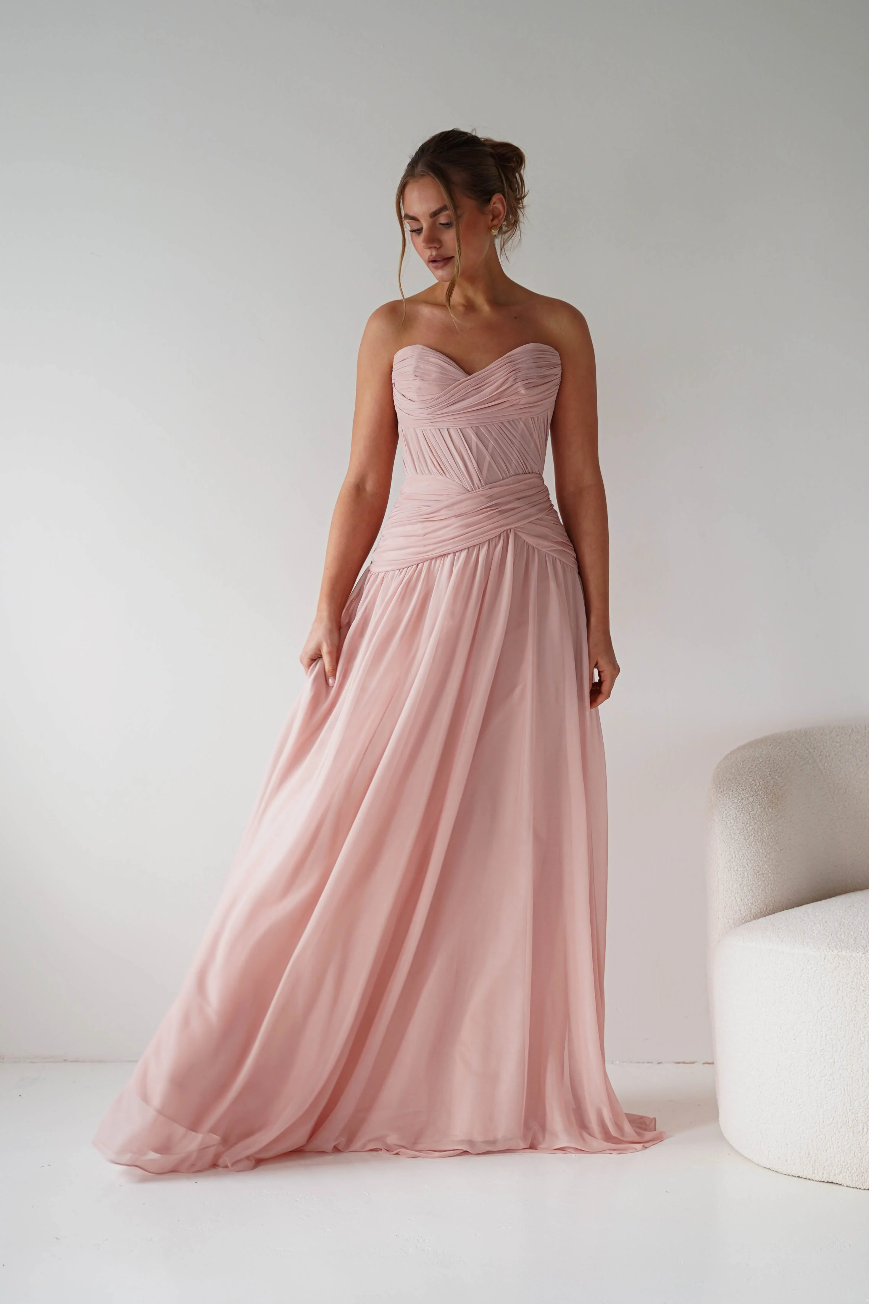Nicolette Strapless Chiffon Maxi Gown | Blush