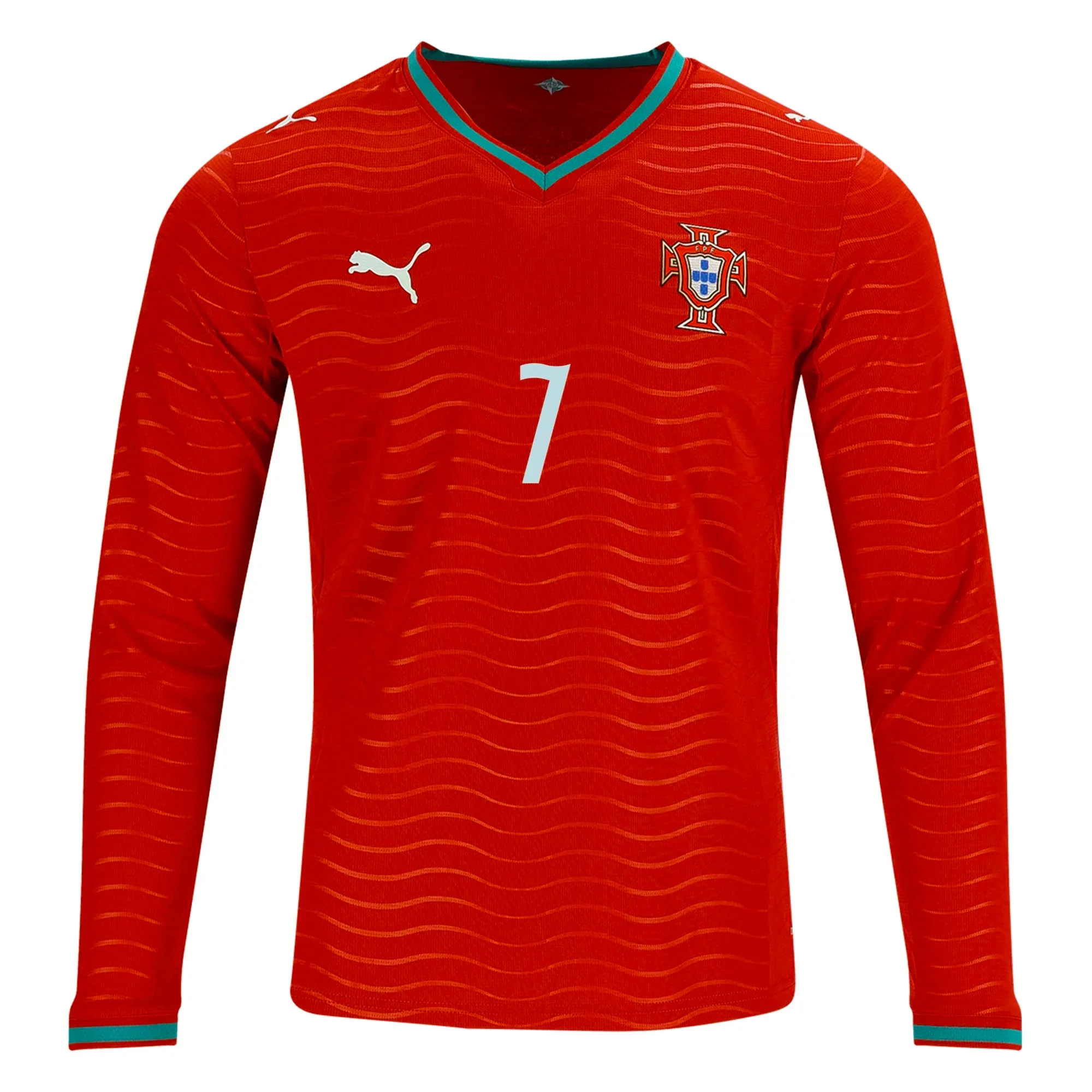 Men's Portugal Cristiano Ronaldo Long Sleeve Home World Cup 2026 Jersey (Club Red/Green Lagoon)