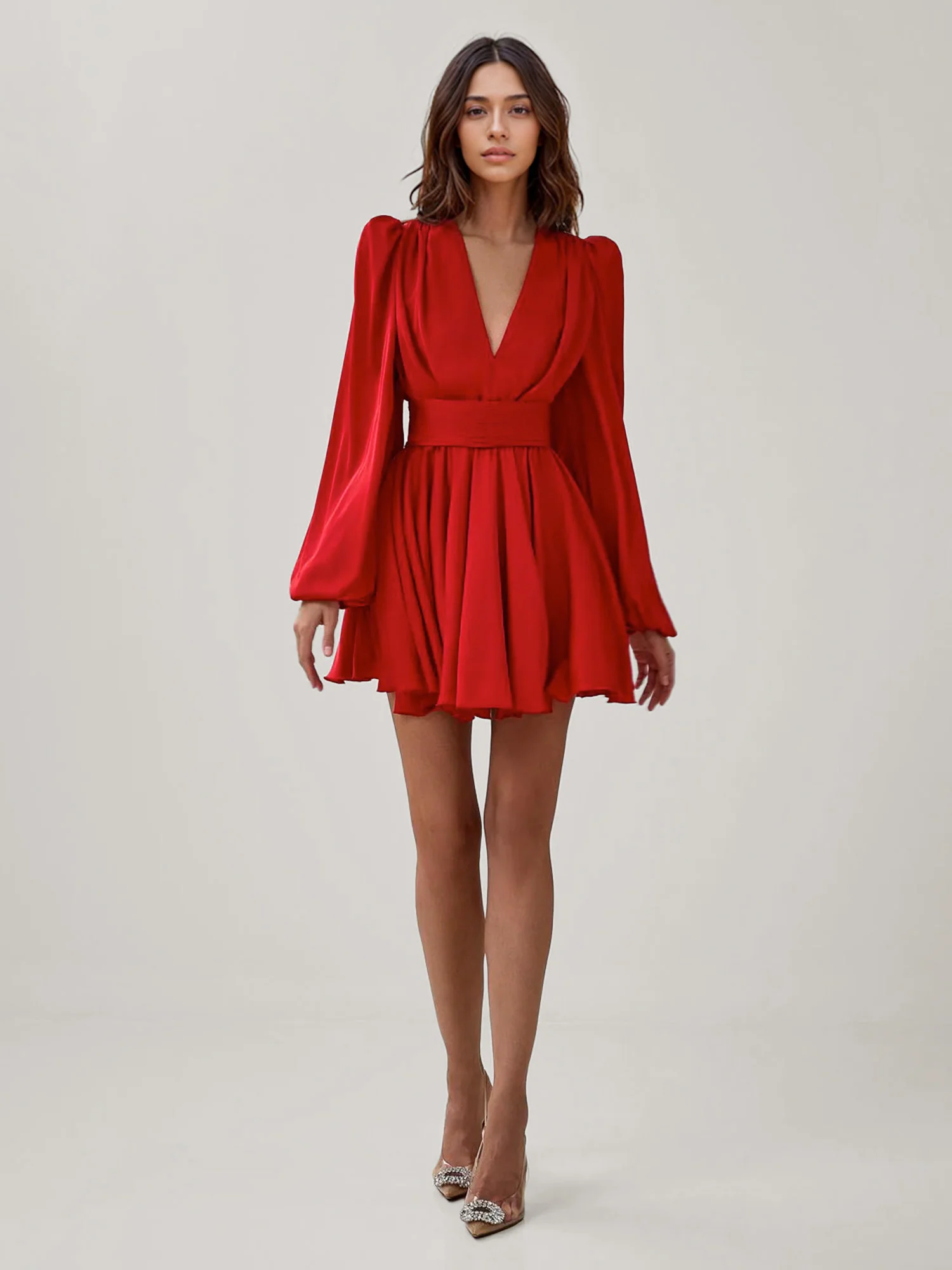 Flared Sleeve Red Mini Dress