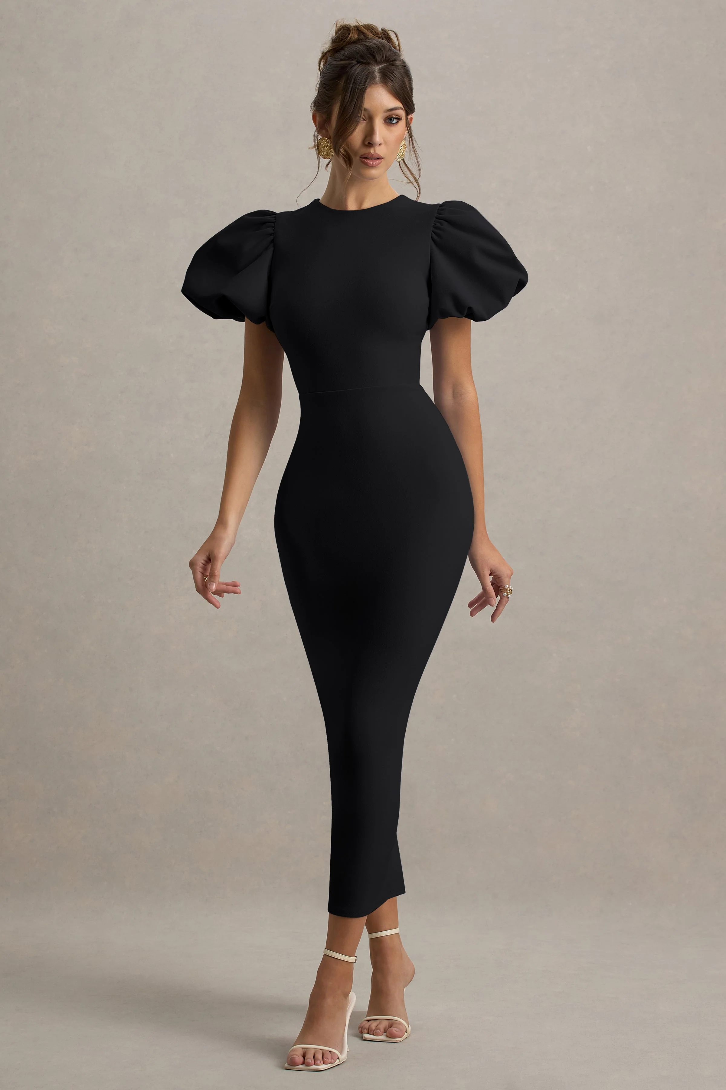 Dakota | Black Puff Sleeve Midi Dress With Back Split