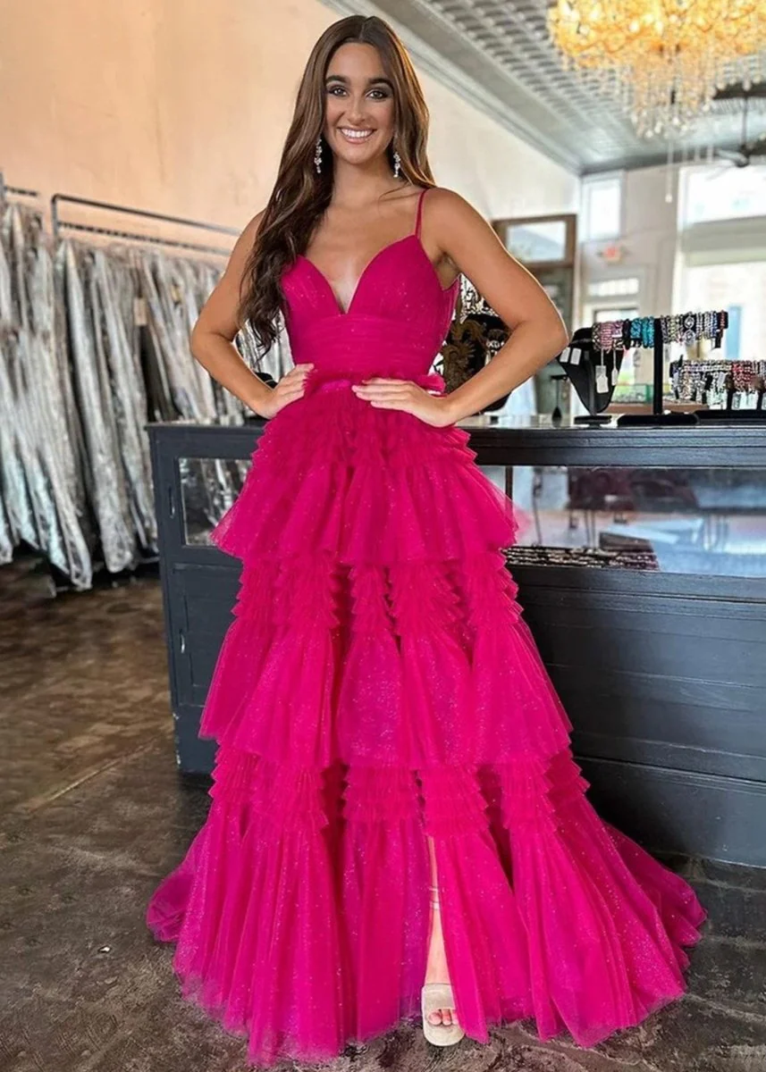 Amanda| A-Line Spaghetti Straps Long Tiered Tulle Prom Dress With Split