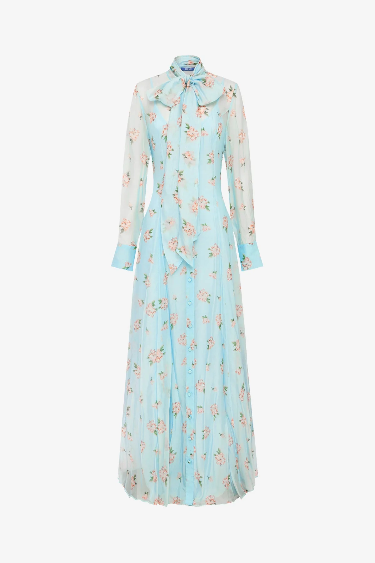 Lilith Tie Neck Maxi Dress - Ditsy Floral Print in Blue