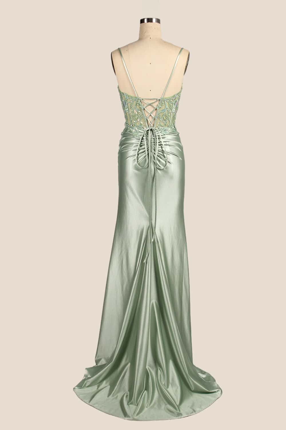 Straps Sage Appliques Ruched Fitted Dress