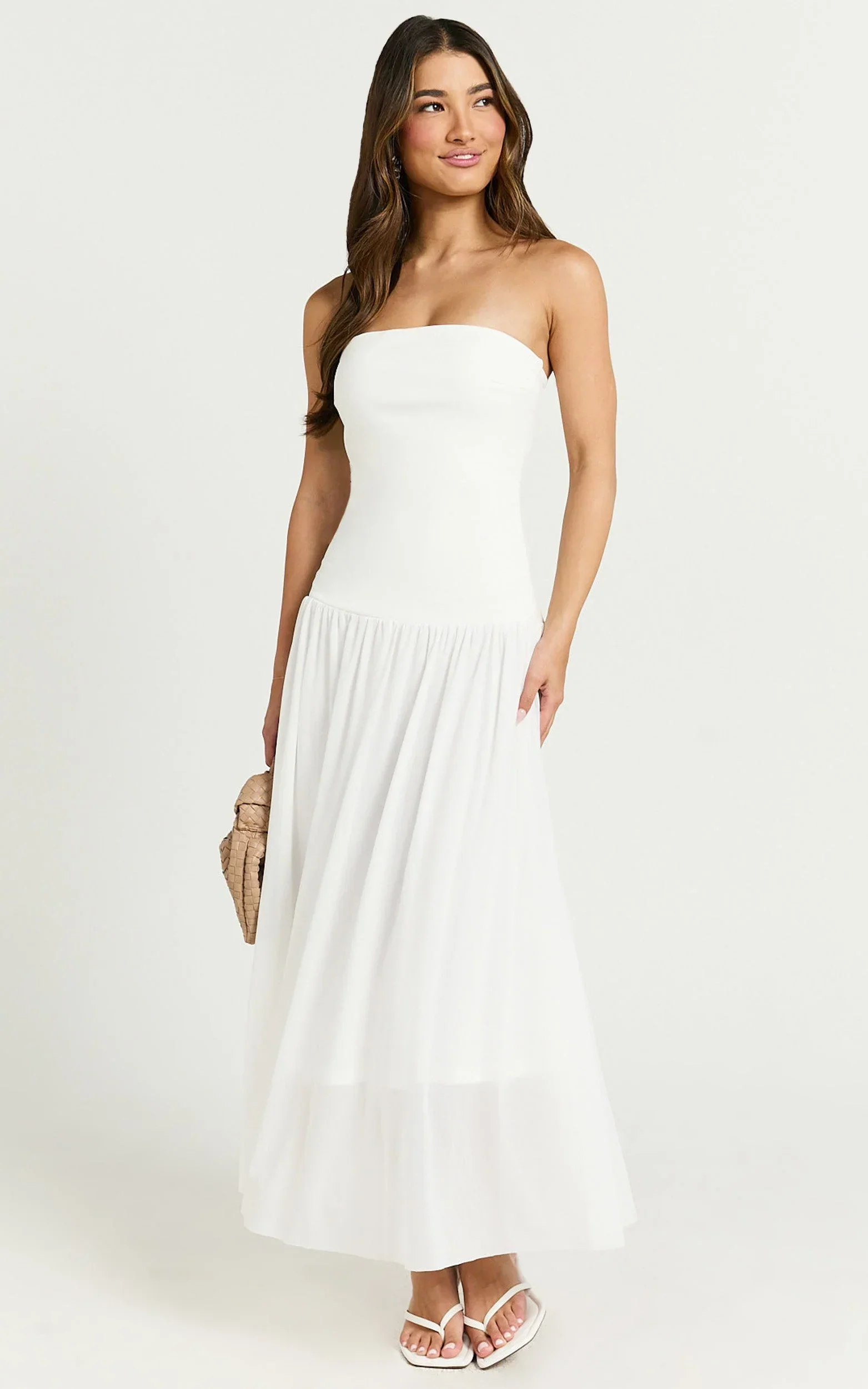 Cherie Midi Dress - Strapless Drop Waist Dress in Ivory