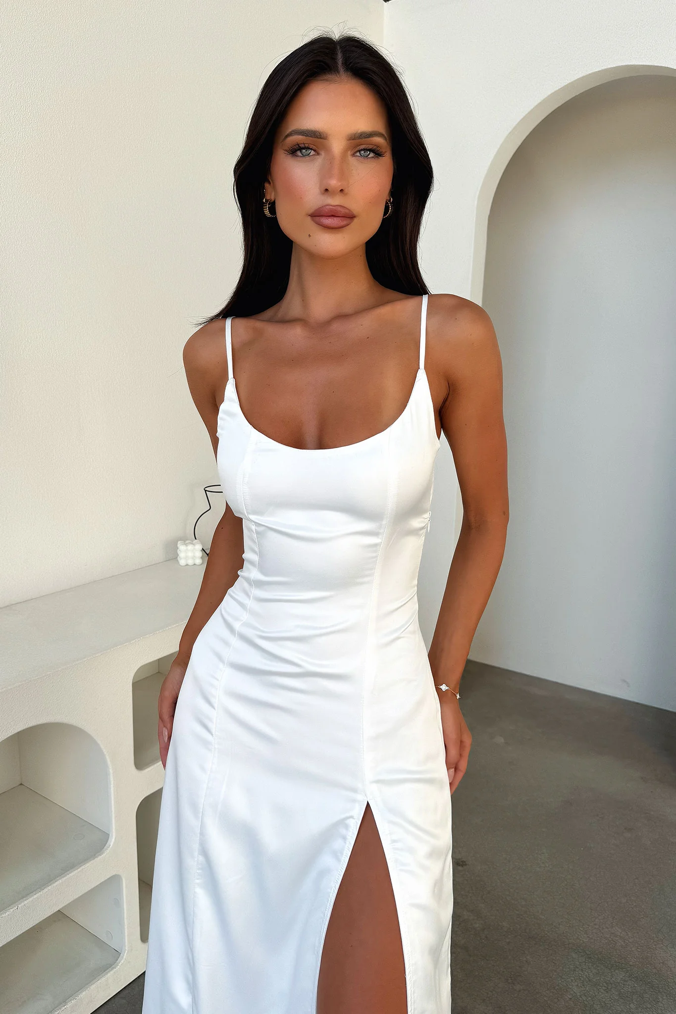 Violetta Scoop Neck Satin Maxi Dress - White