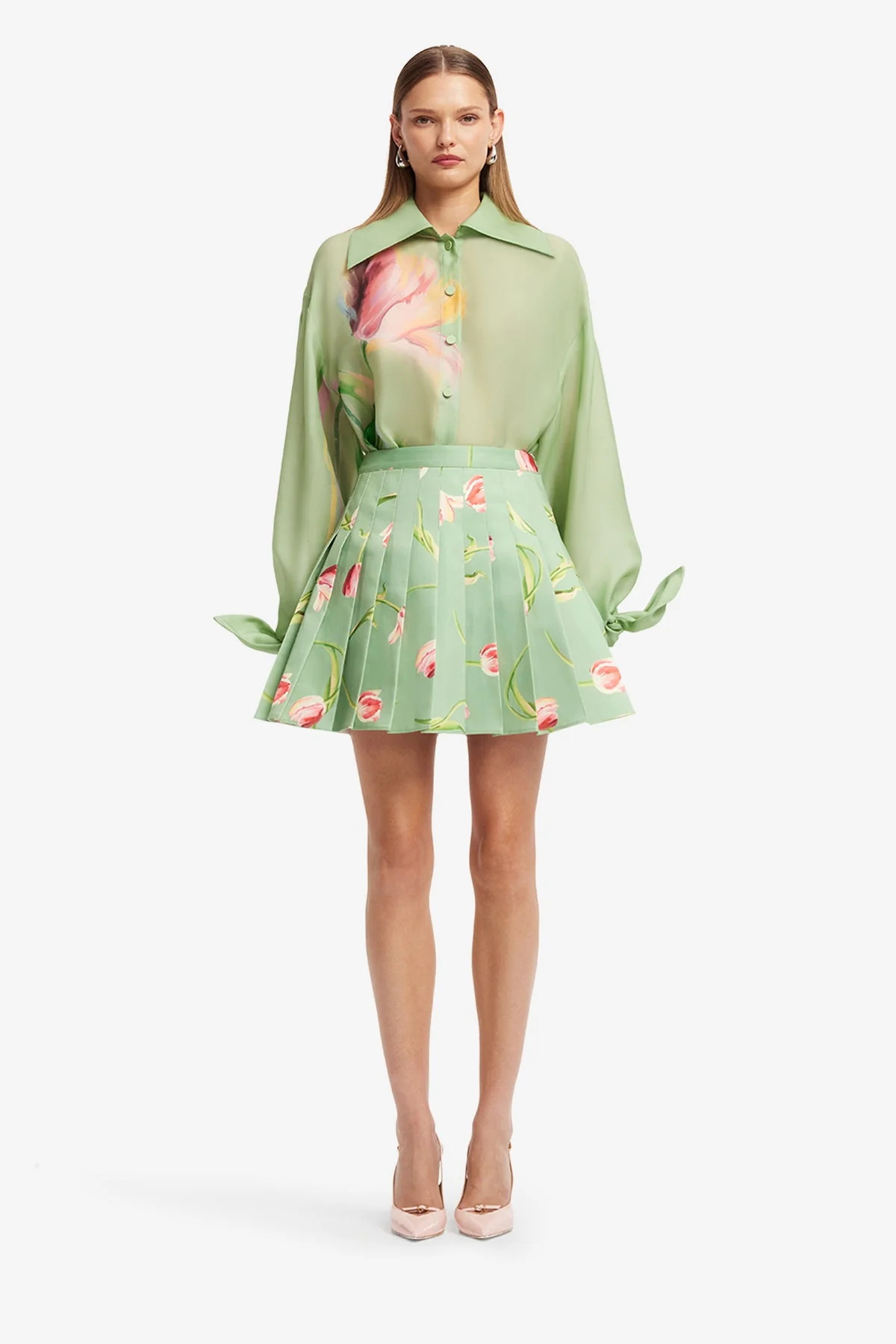 Melody Pleated Mini Skirt - Tulip Print in Green