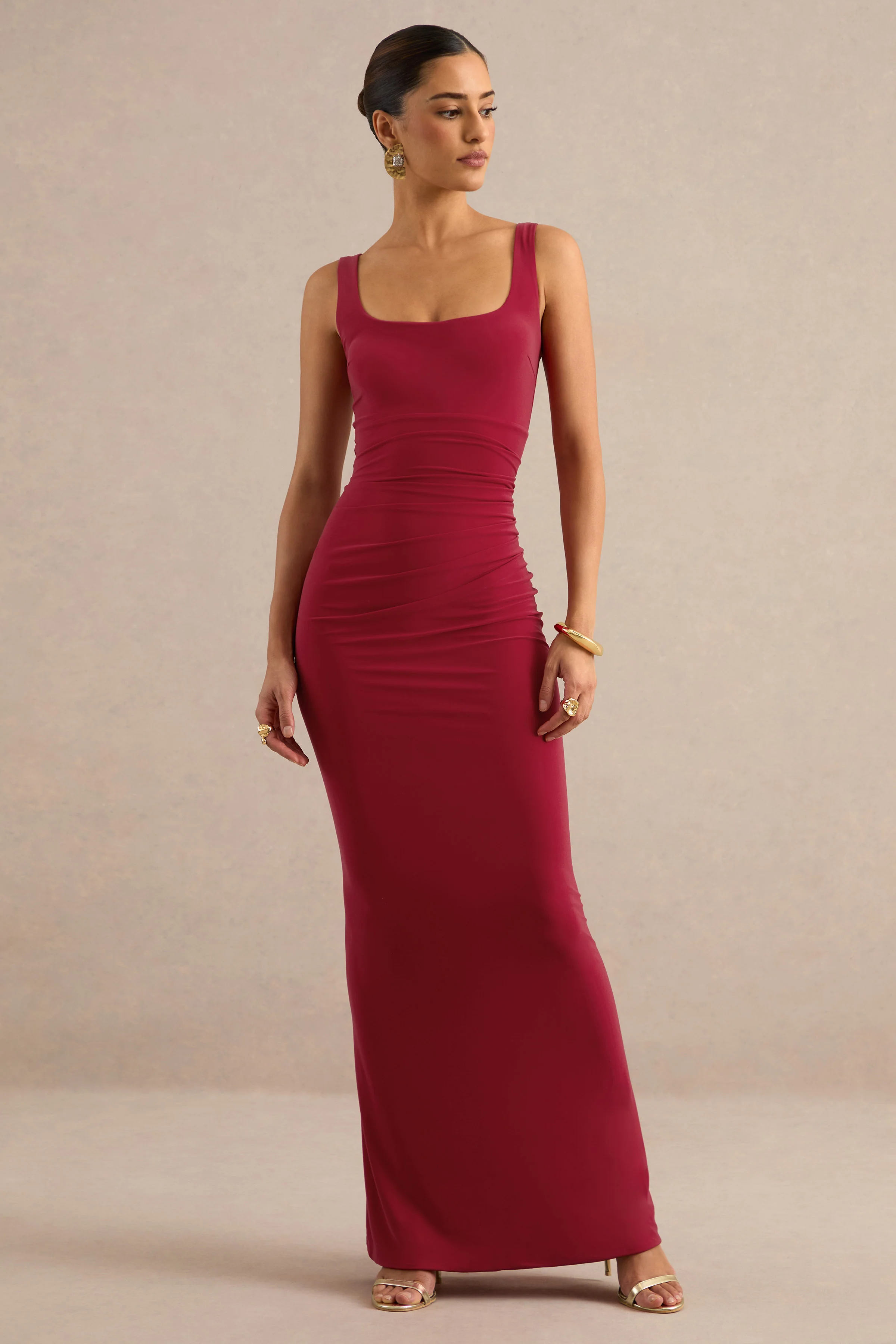 Elif | Red Jersey Square Neck Maxi Dress With Draped Detailing
