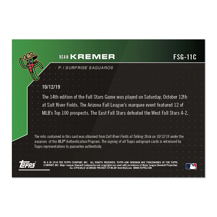 On-Card Auto Relic # to 1 - Dean Kremer - Bowman NEXT TOPPS NOW® Card FSG-11C
