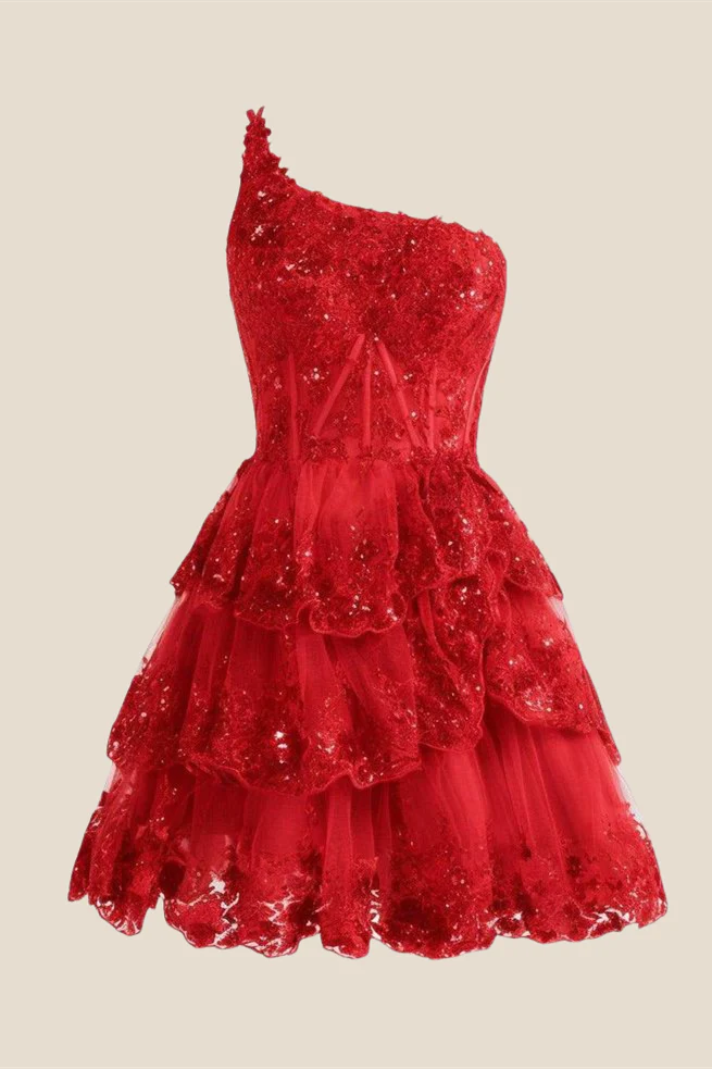 One Shoulder Blue Sequin Tiered Short Dress