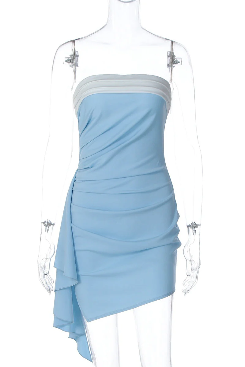 Blue Strapless Ruched Tight Mini Dress