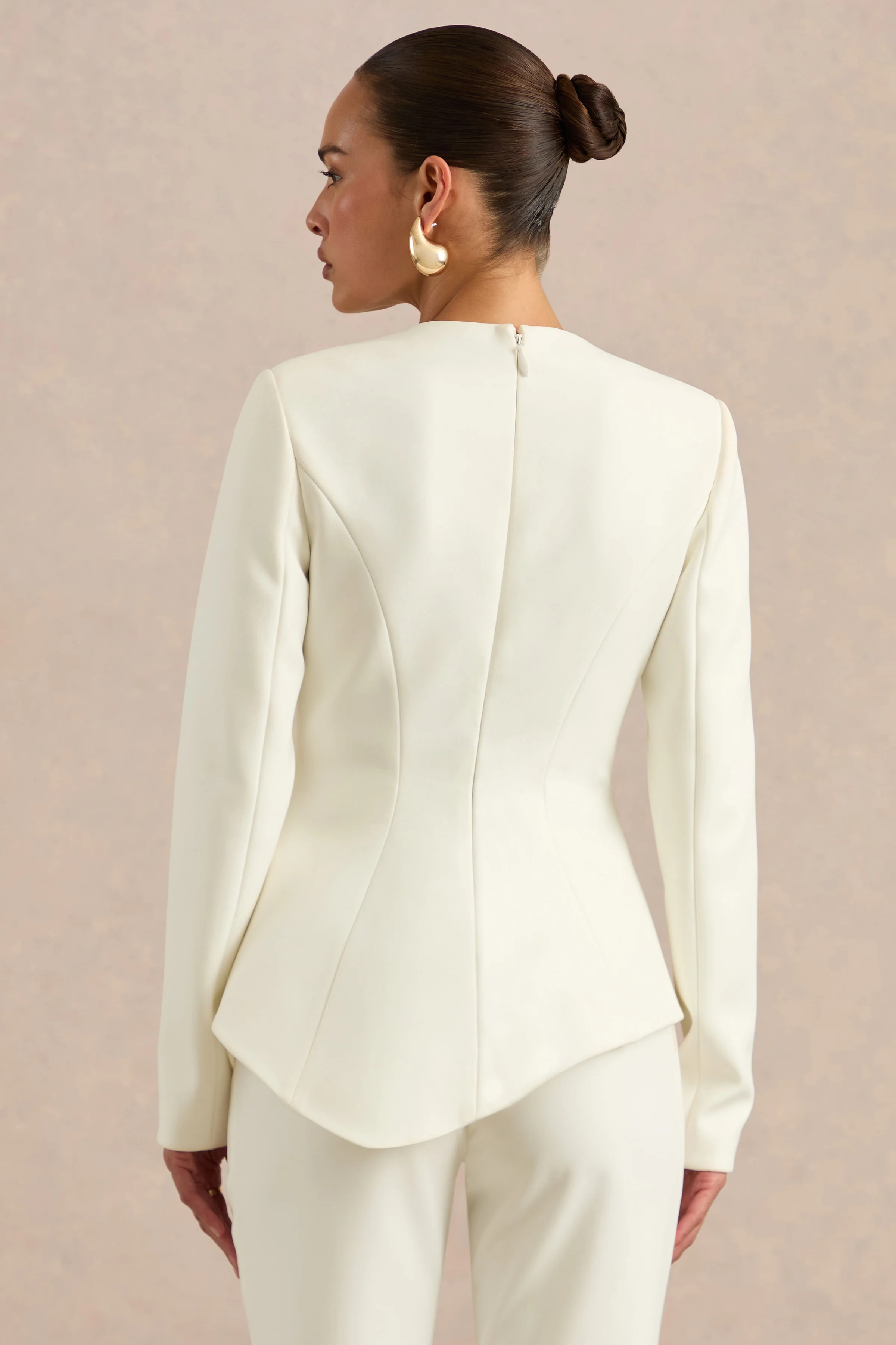 Ysabel | Cream Plunge Tailored Long Sleeve Top