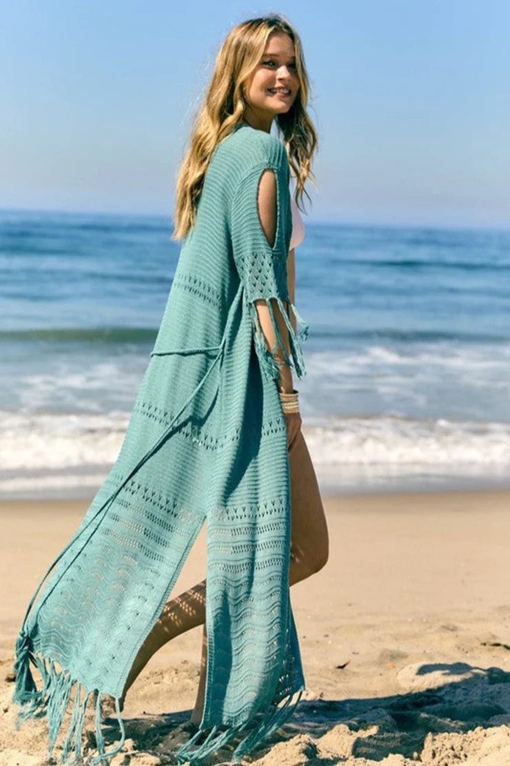 Hollow Knit Fringe Maxi Cover Up
