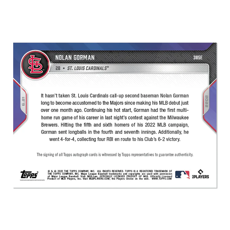 On-Card Auto # to 5 - Nolan Gorman - 2022 MLB TOPPS NOW® Card 385E