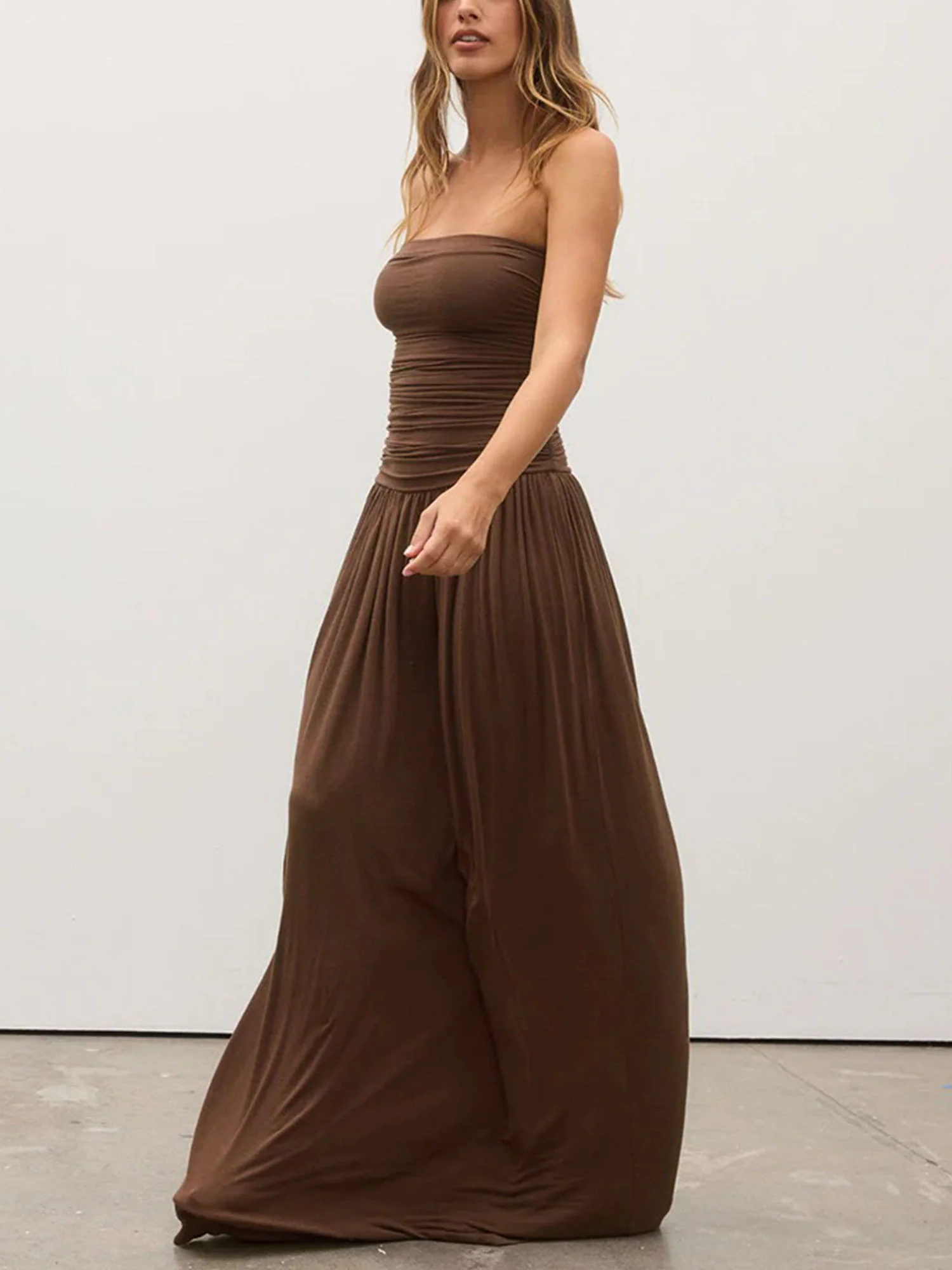 Brown Strapless Ruched Maxi Dress