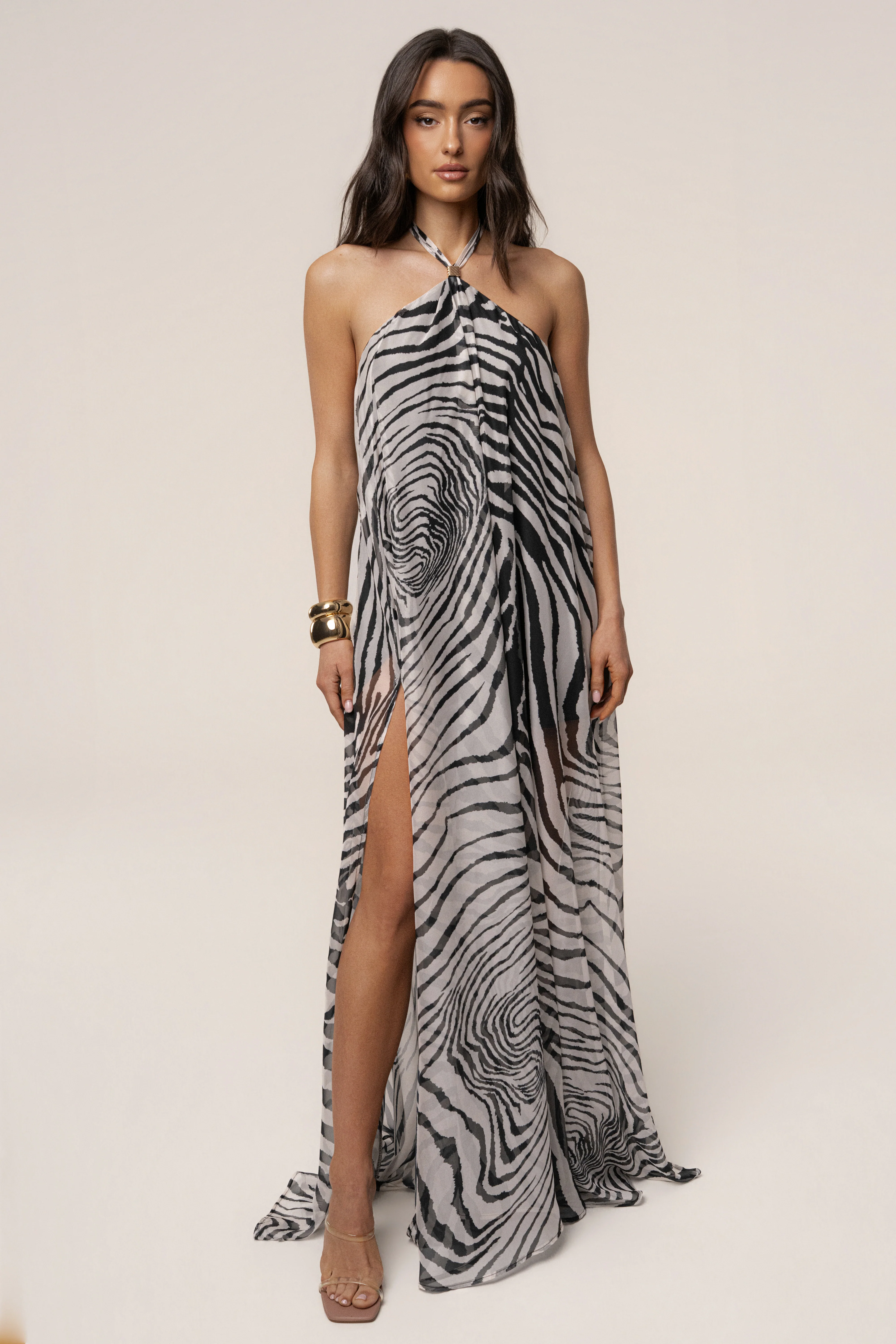 Zebra Print Jolene Halter Neck Maxi Dress