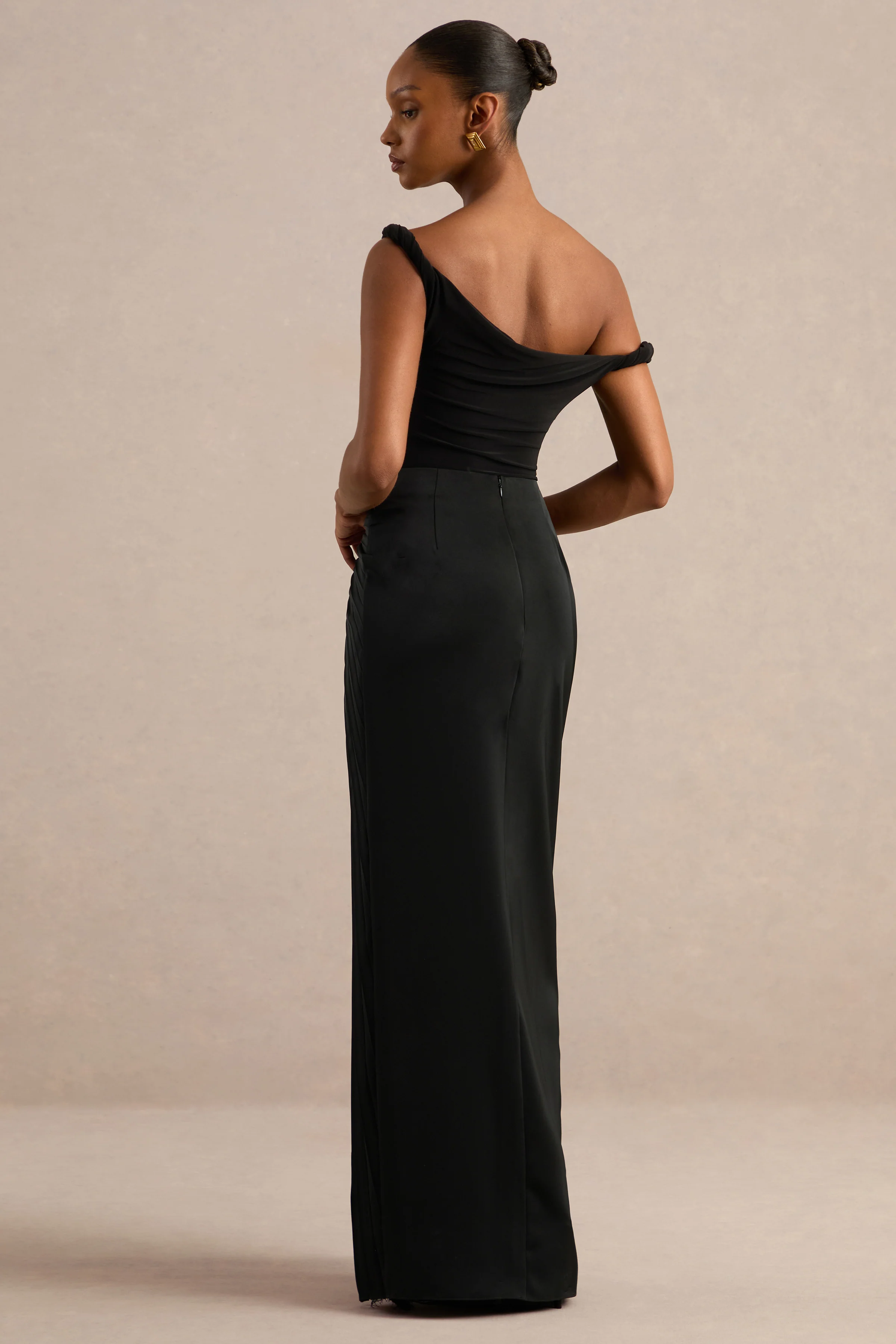 Lassia | Black Satin Mid Rise Pleated Maxi Skirt With Lace Detailing And Split