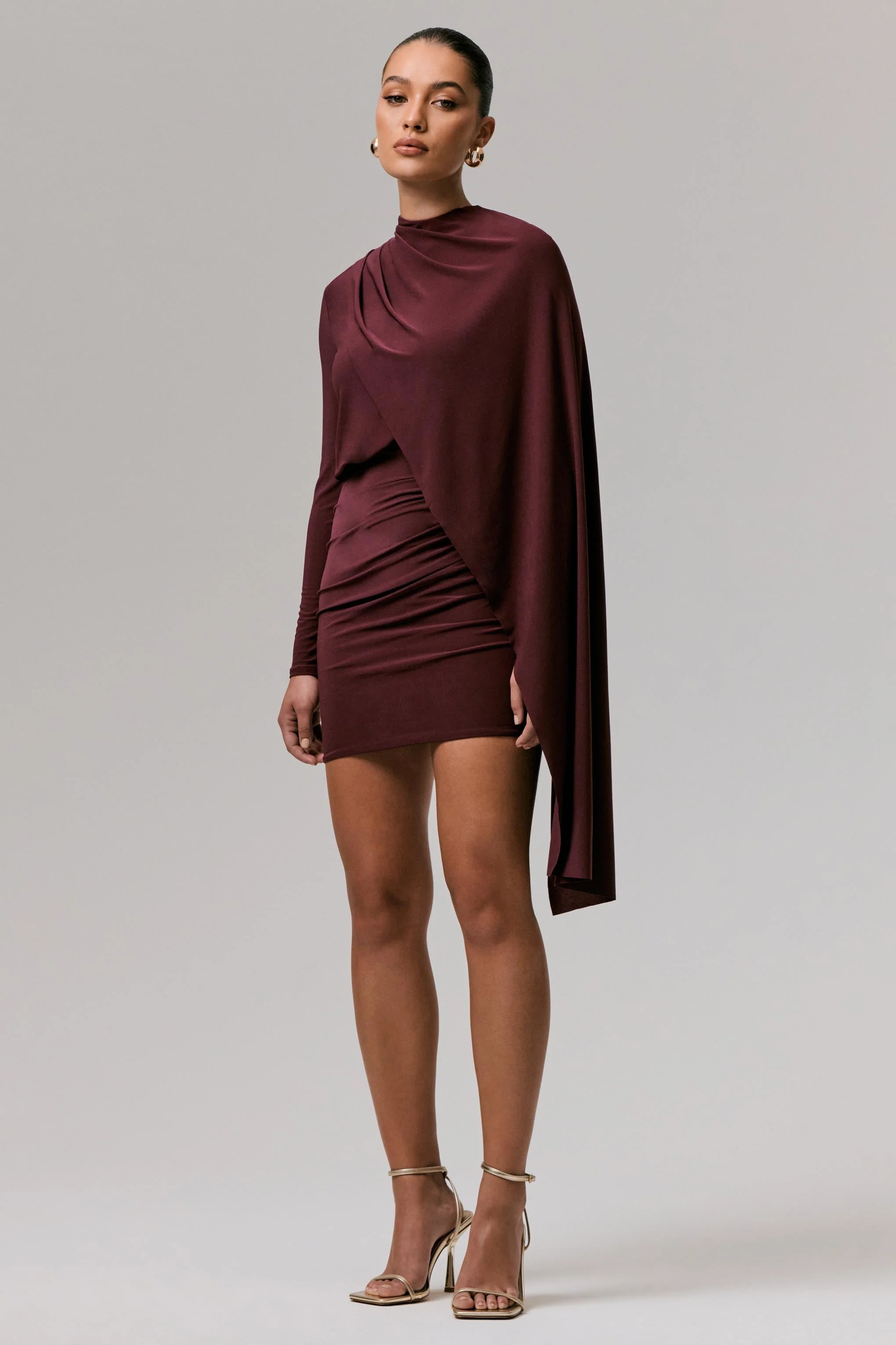 Celeste | Burgundy Long-Sleeve Mini Dress With Cape Sleeve