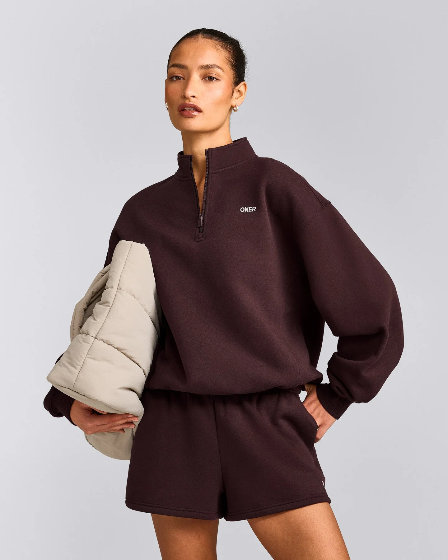 Foundations Cosy 1/4 Zip Sweatshirt | Plum Brown