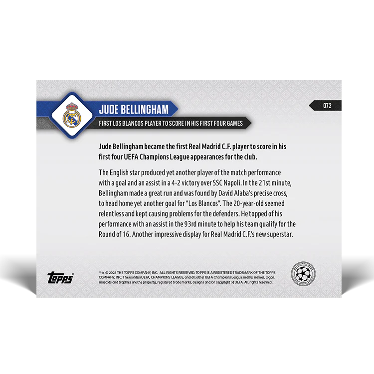 Topps UK - Jude Bellingham - First Los Blancos player to score in first four games - UCL TOPPS NOW® Card #72