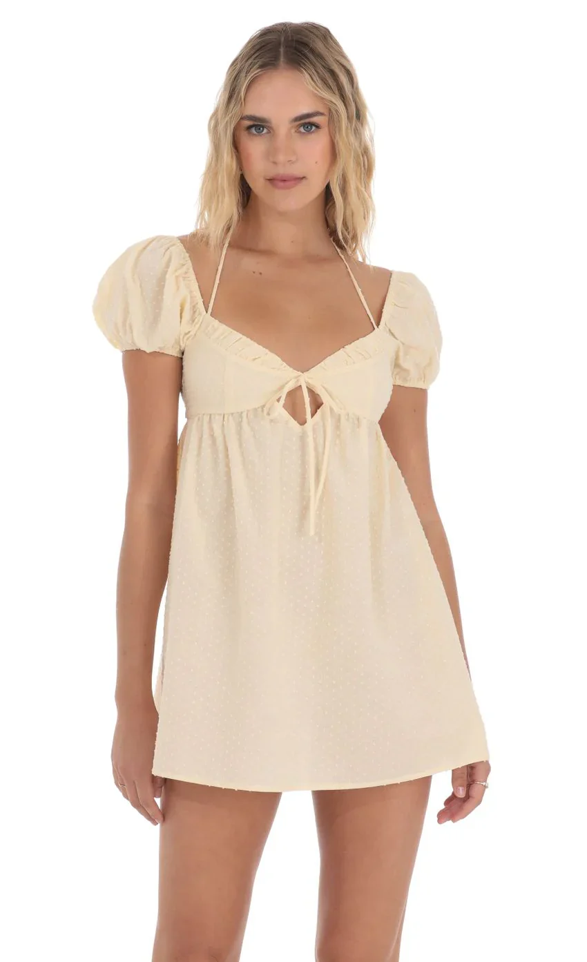 Dotted Puff Sleeve Babydoll Dress in Peach