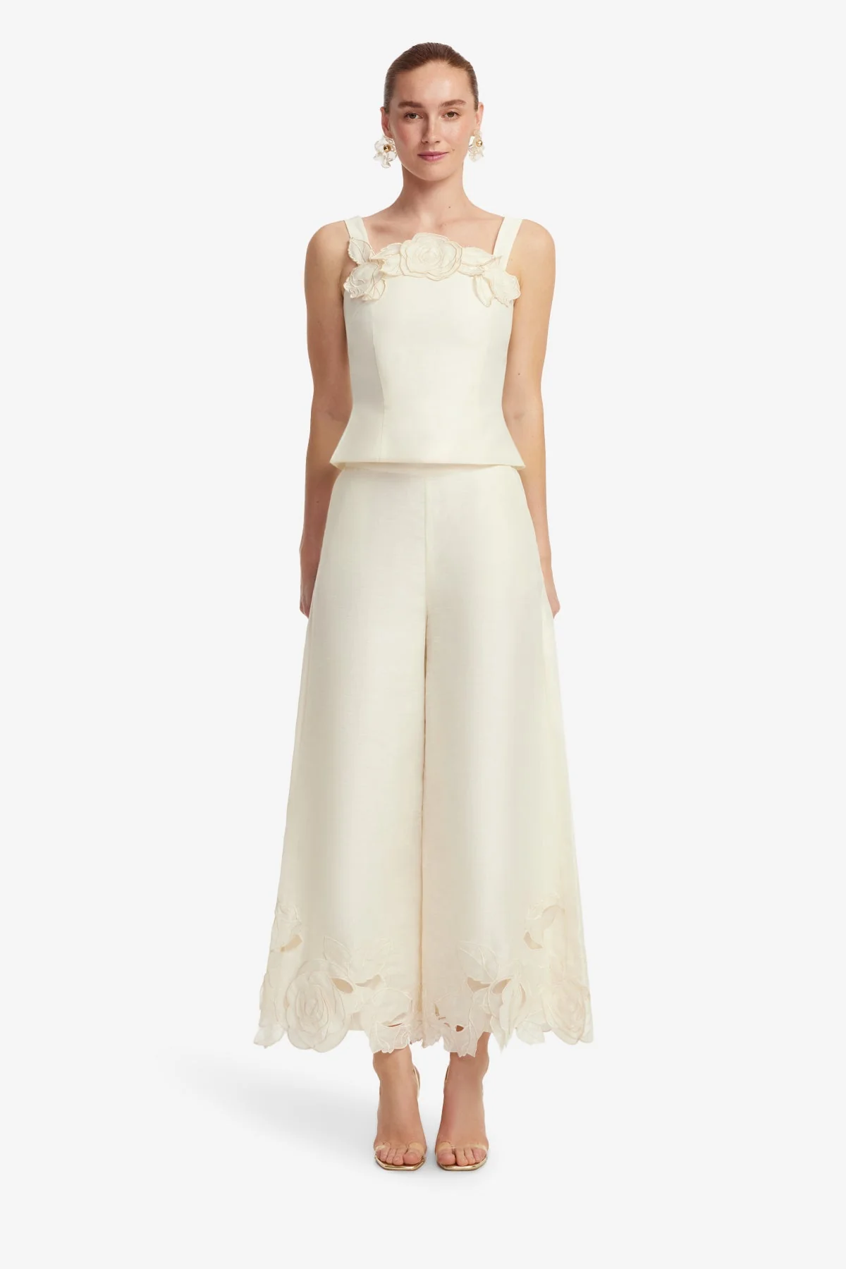 Theodora Linen Appliqué Pants - Vanilla