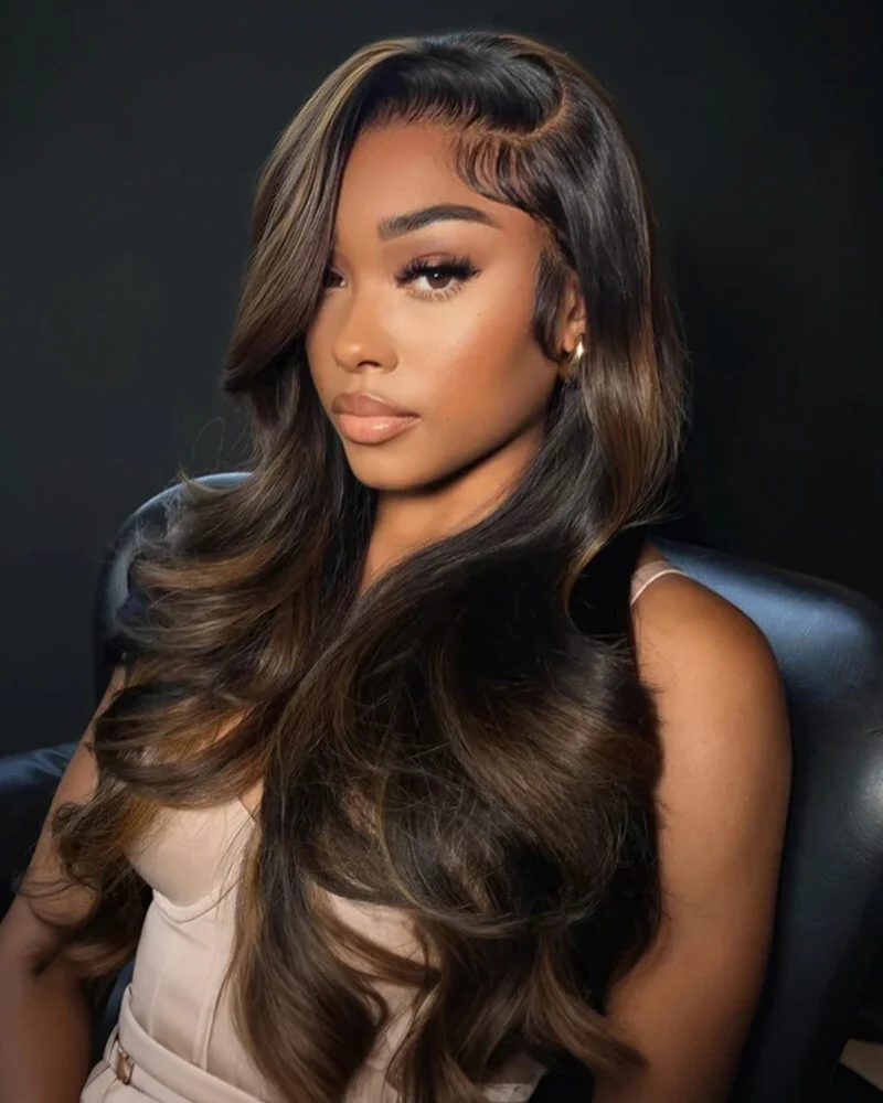 Ophirawig 360 Full Lace Glueless Auburn Highlights on Black Hair Body Wave Wig Invisi Drawstring Pull & Go