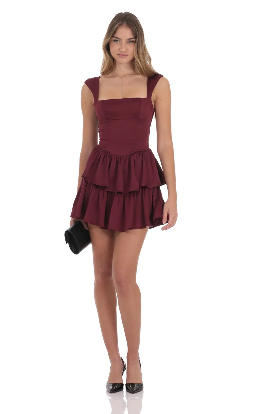 Wide Strap Ruffle Dress in Burgundy