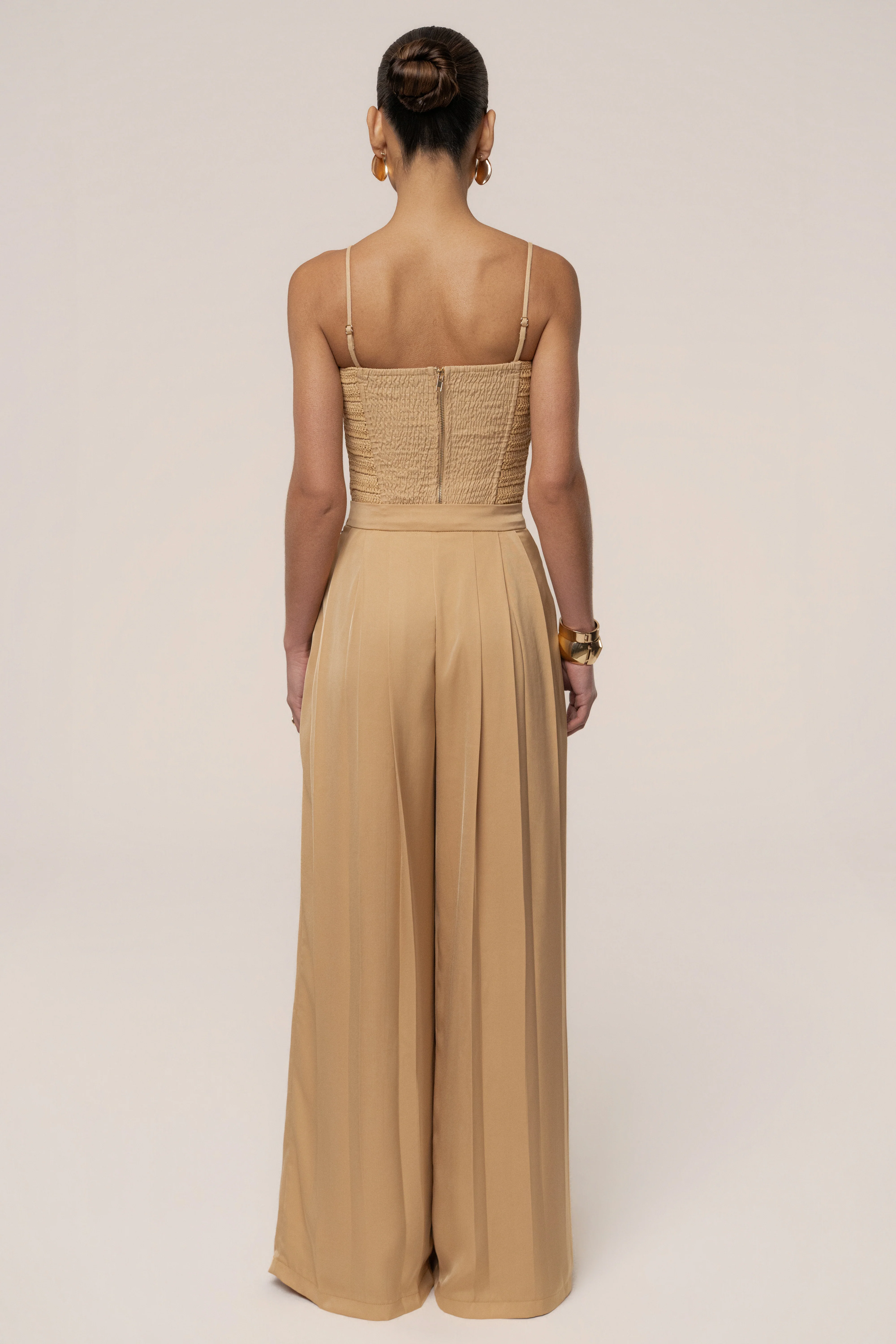 Beige Clara Wide Leg Pleated Trousers