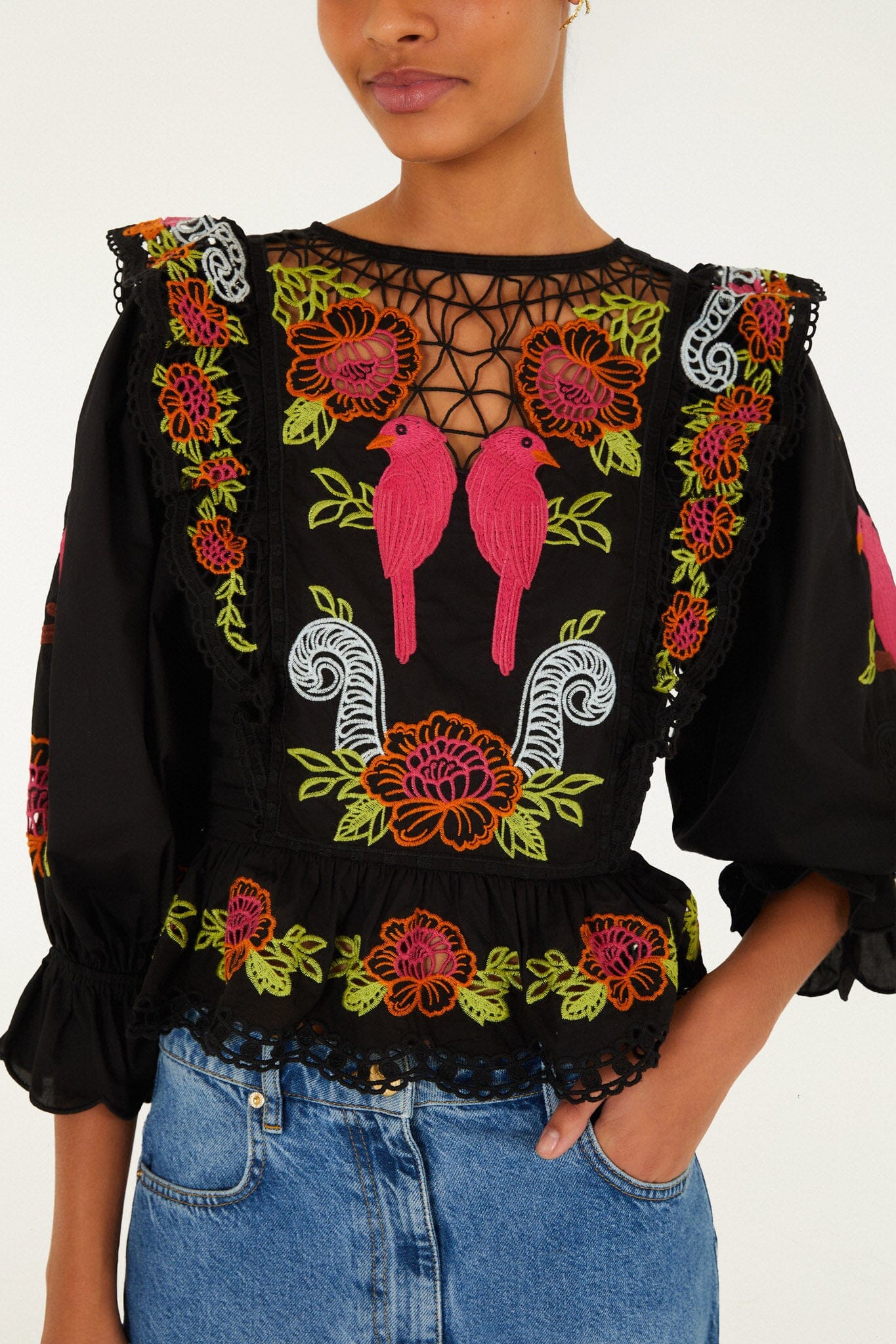 Black Mujeres Y Flores Embroidered  Richelieu Blouse