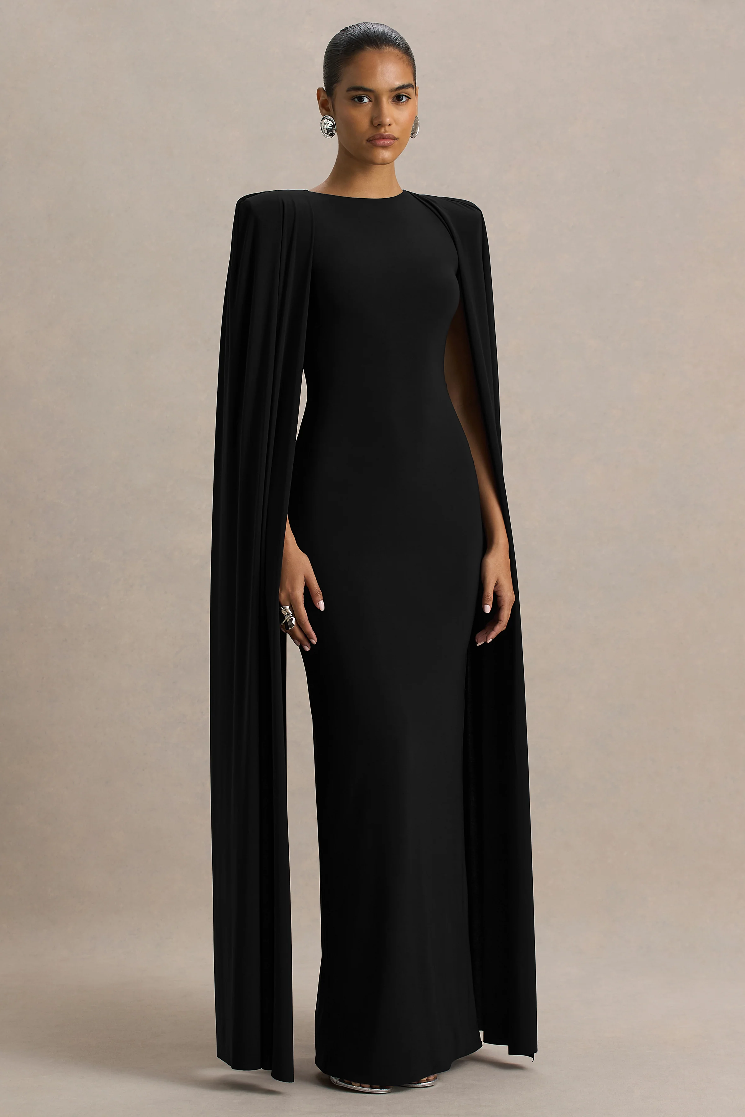 Mimi | Black Jersey Round Neck Long Sleeve Maxi Dress With Cape
