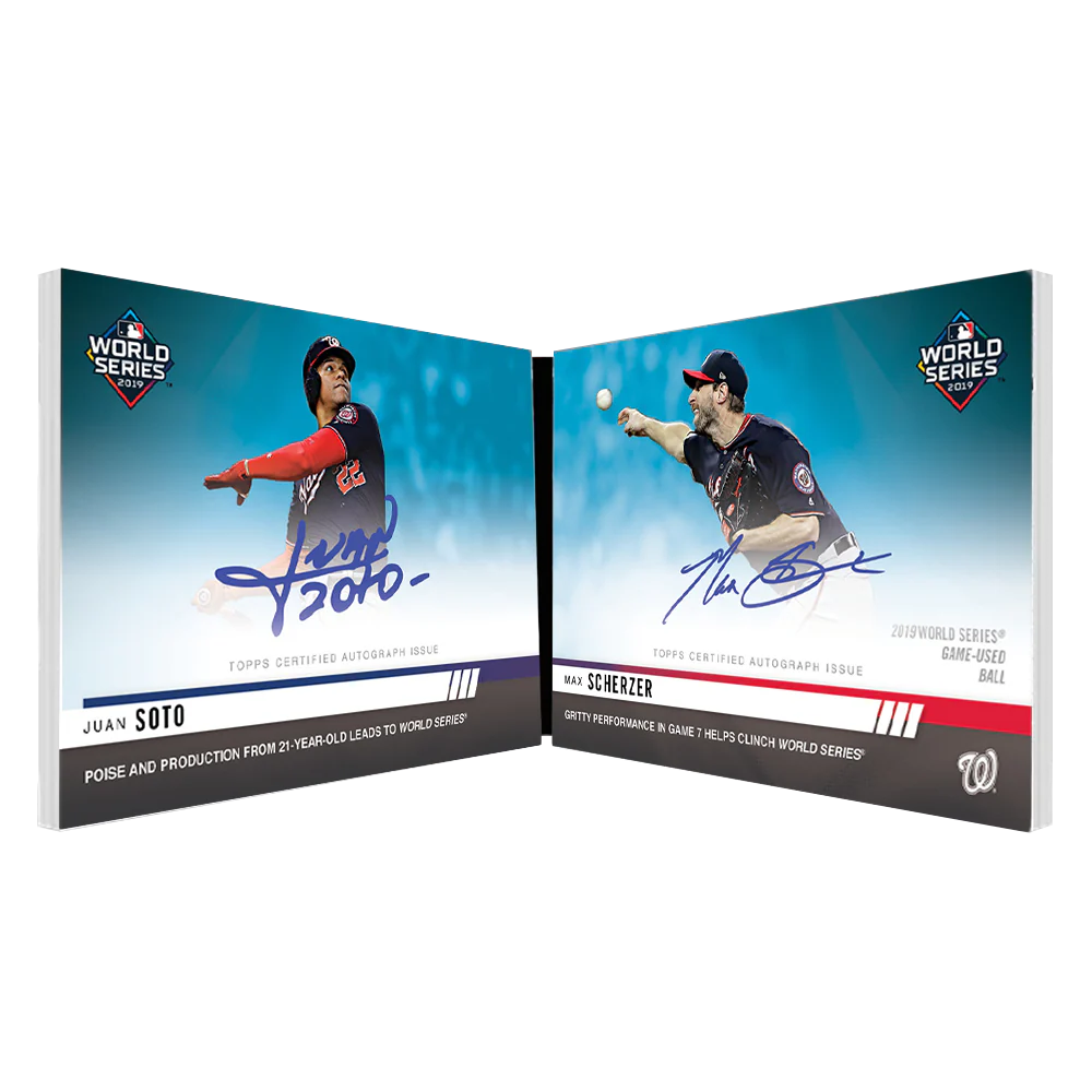 On-Card Dual Auto Book Card - Rally Shark Parallel! # to 19 - Scherzer/Soto - MLB TOPPS NOW® Card BC2A