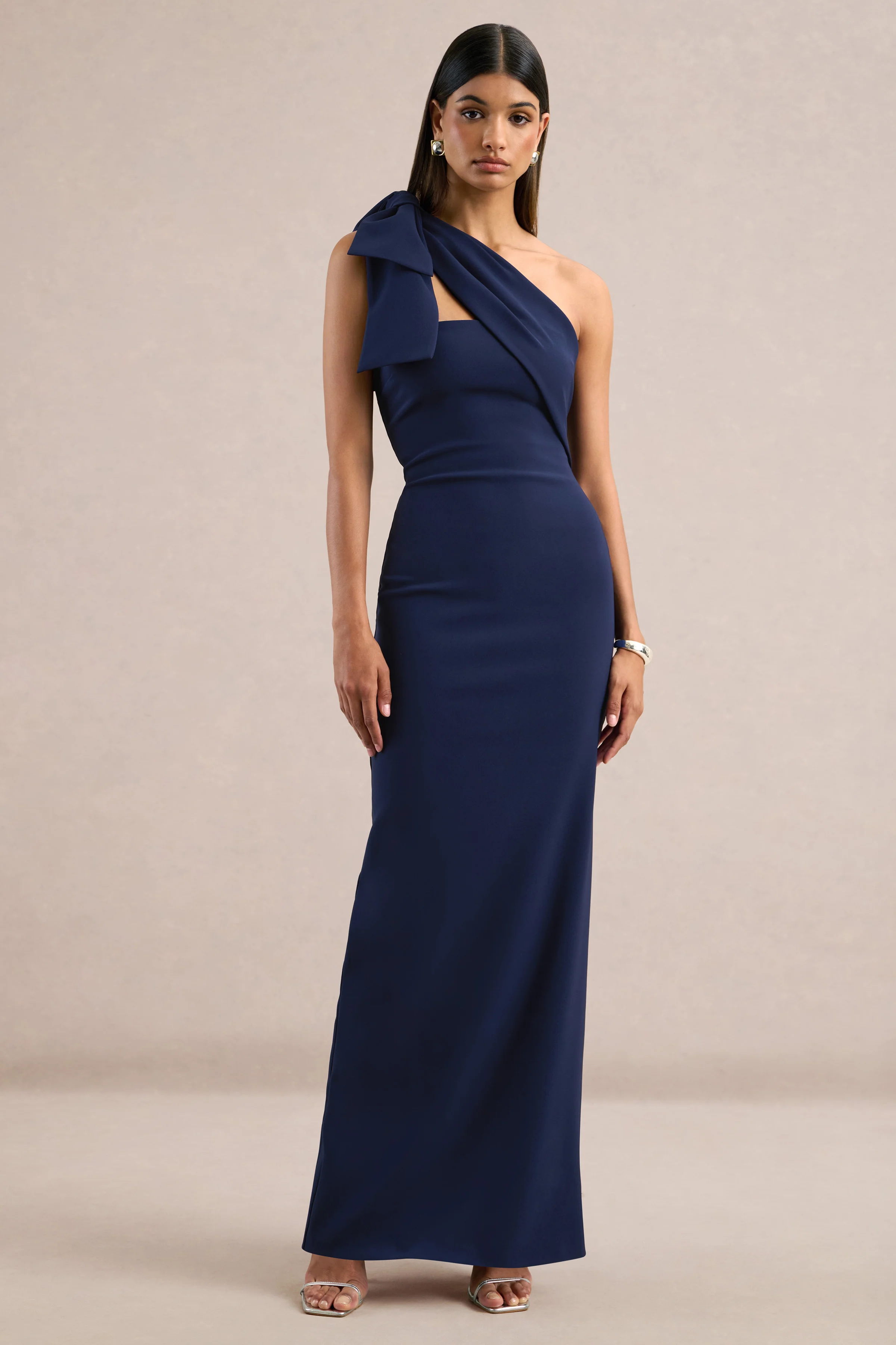 Adara | Navy One Shoulder Maxi Dress With Back Split and Bow Detail