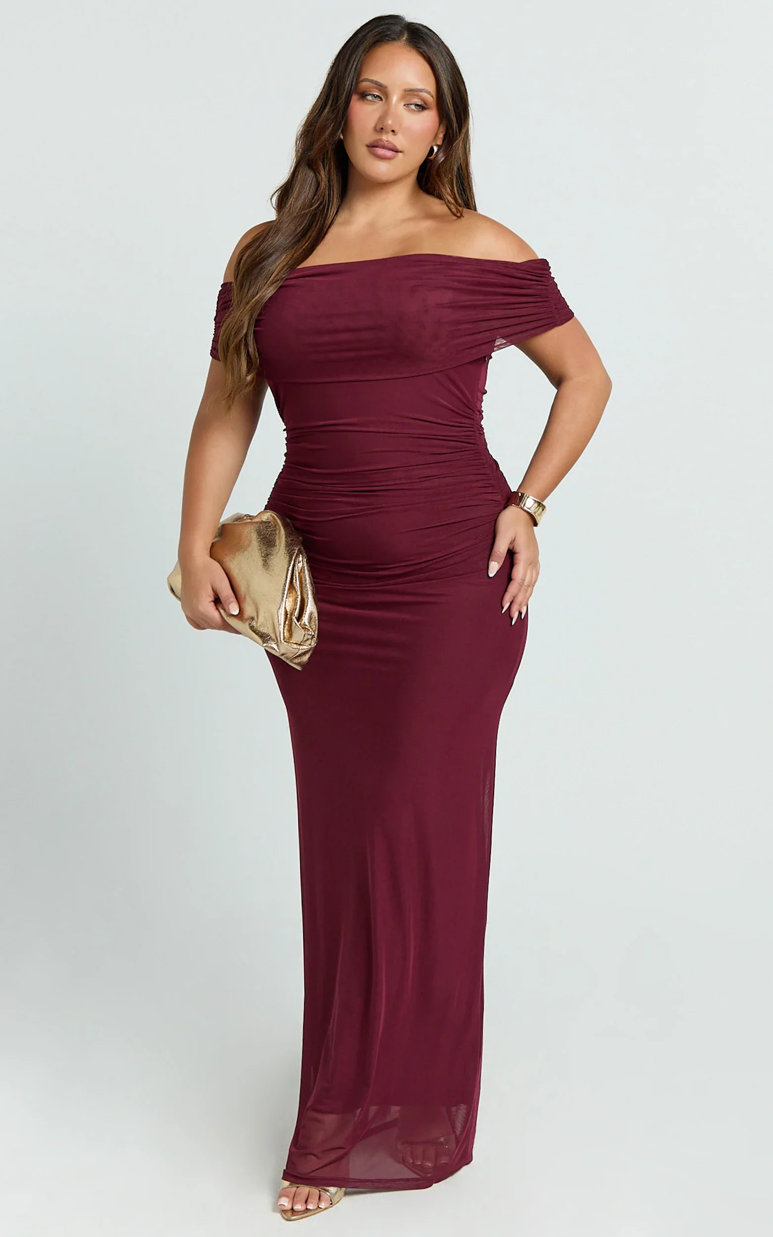 Caterina Maxi - Ruched Off Shoulder Mesh Dress in Wine