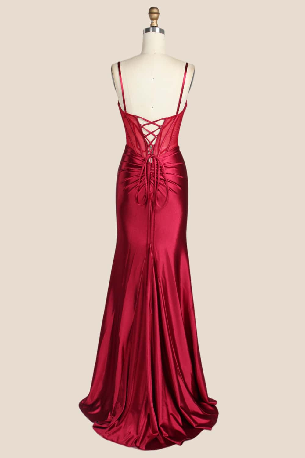 Red Beaded Ruched Satin Fitted Formal Dress