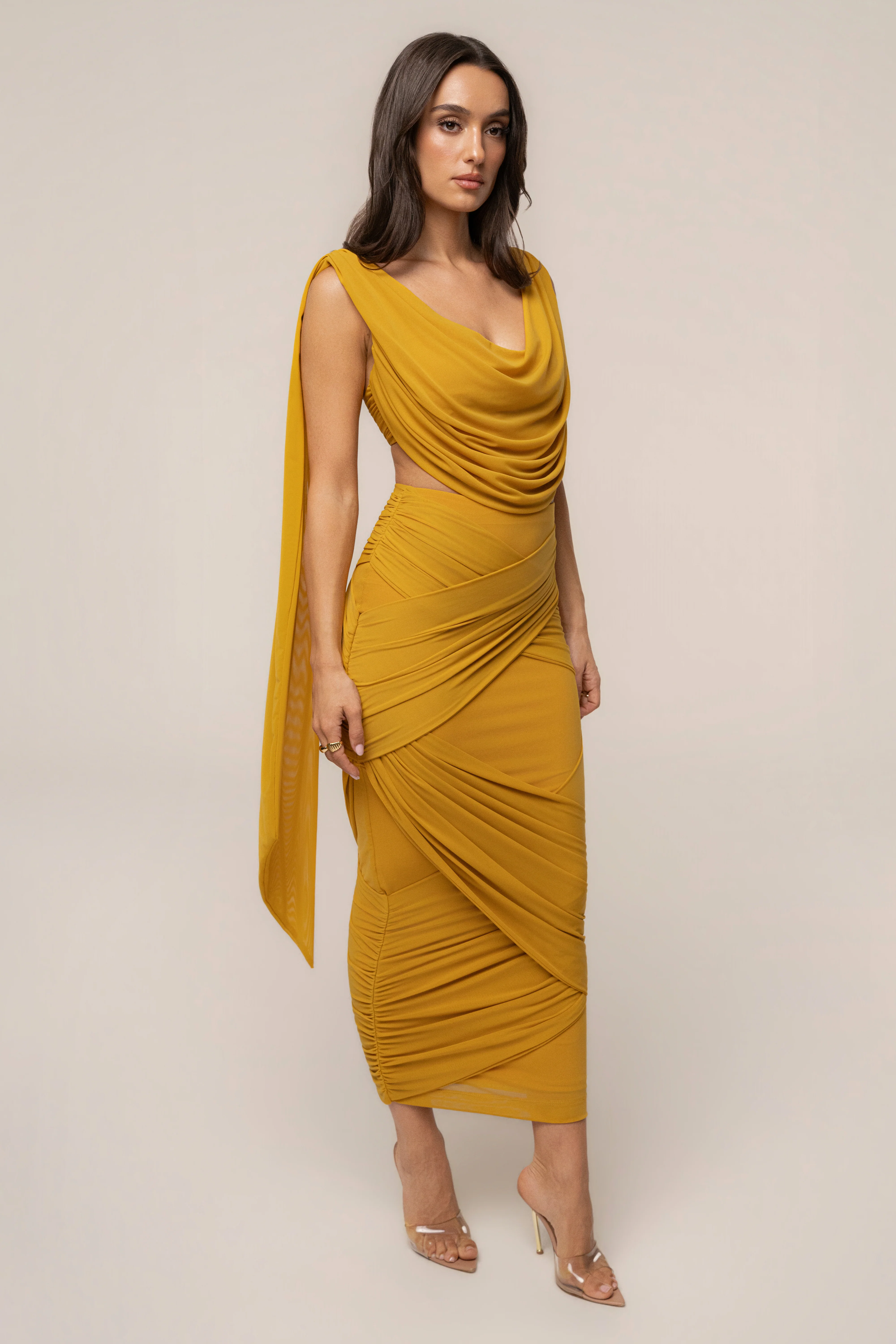 Yellow Divine Drape Mesh Skirt Set
