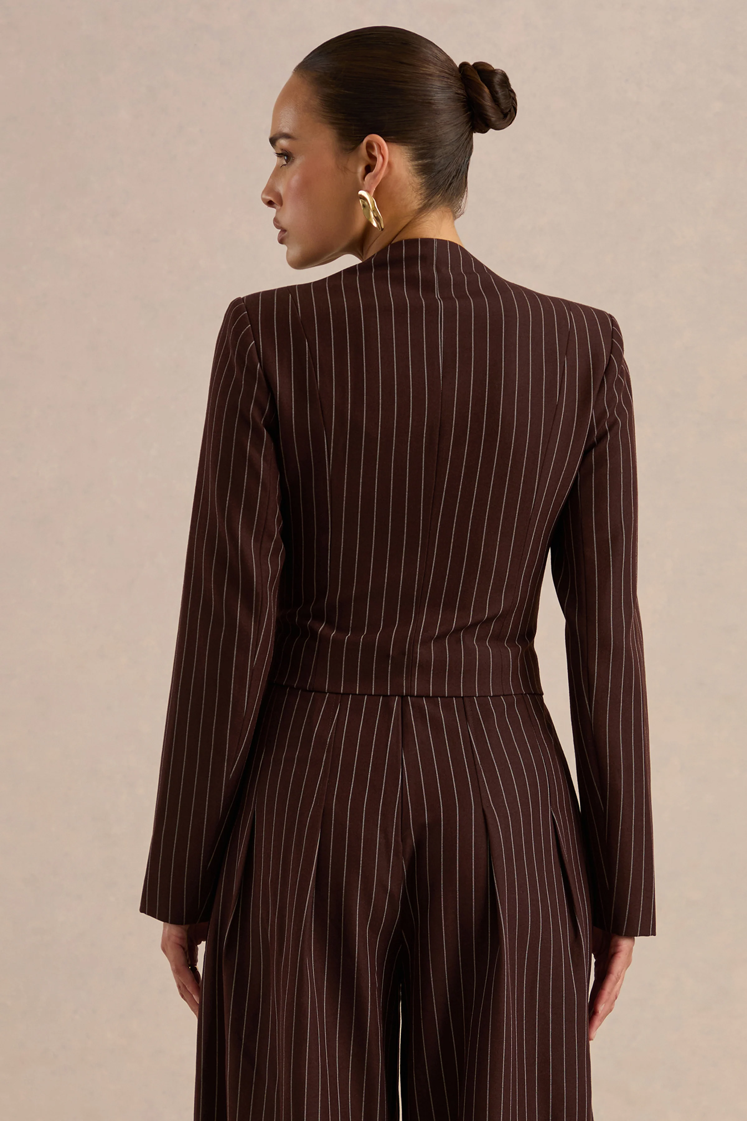 Genara | Brown Pinstripe Square Neck Long Sleeve Tailored Top