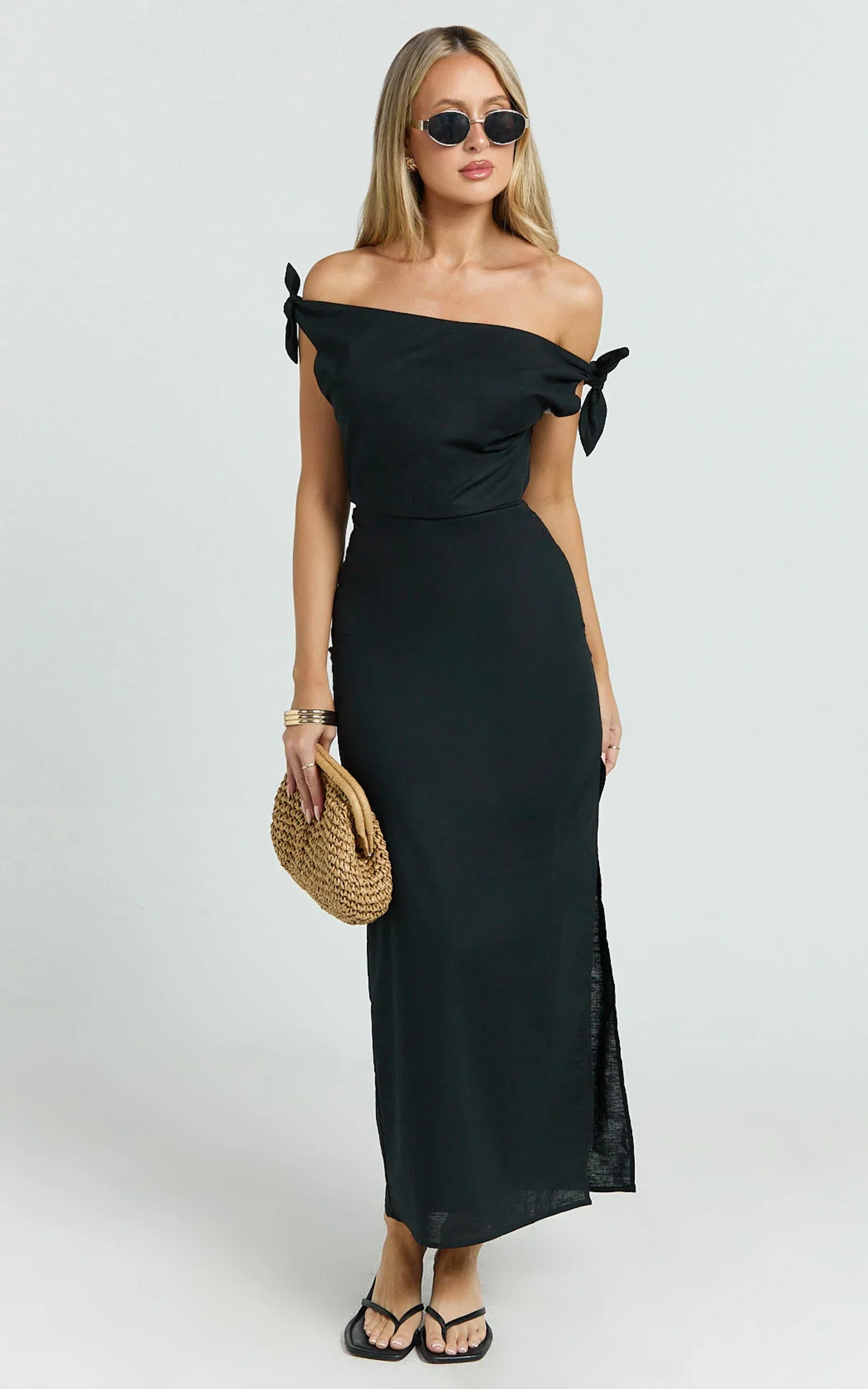 Cincinnati Midi Dress - Off The Shoulder Side Split Column Linen Dress in Black