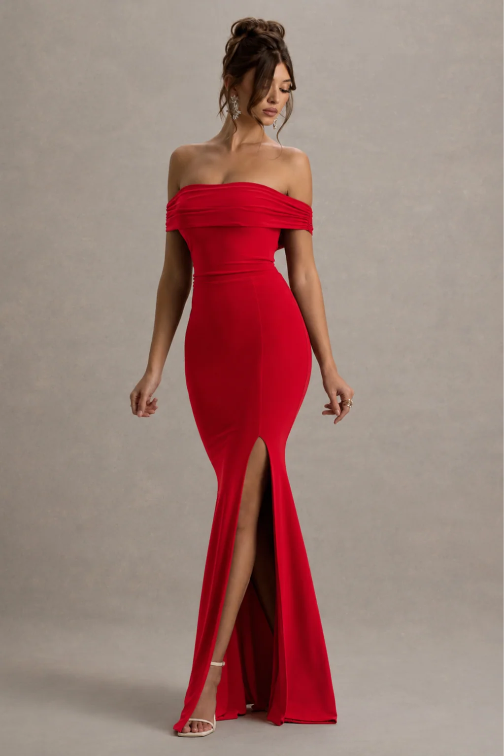 Law of Attraction | Red Bardot Draped Split Maxi Dress