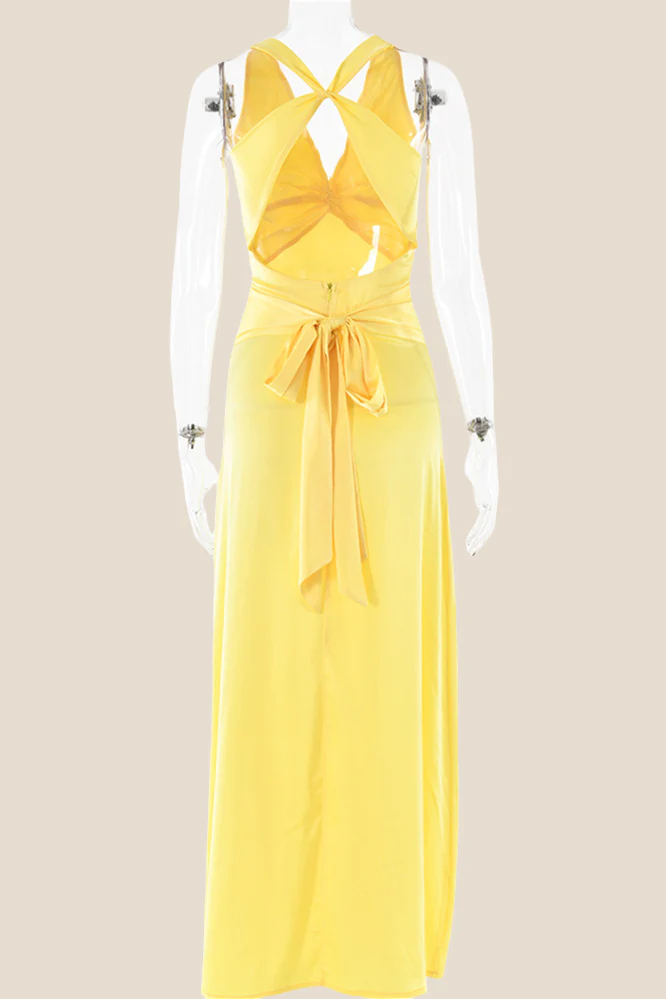 Twist V-neck Yellow Open Back Sheath Long Dress