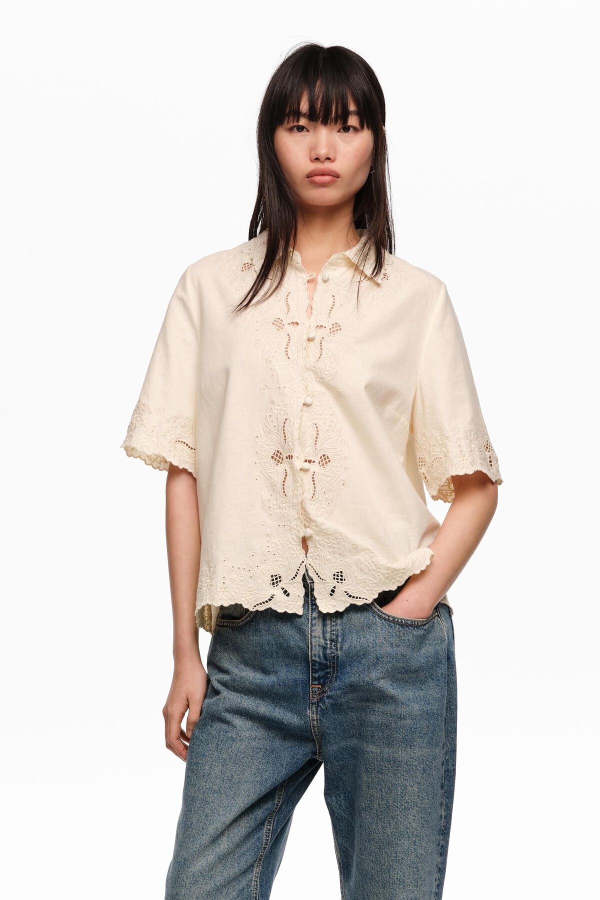 Beige linen cotton embroidered shirt