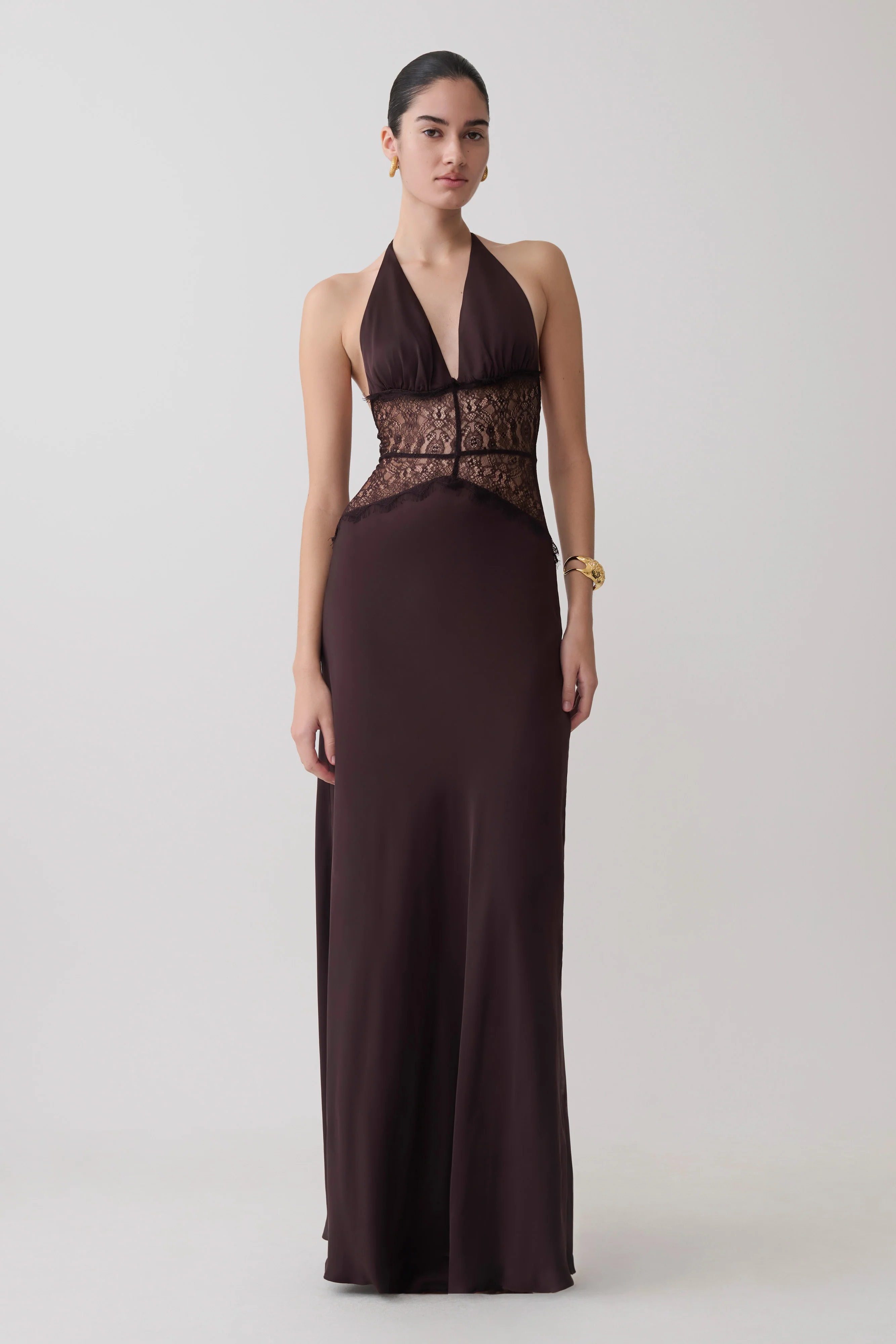 Dinah Lace And Satin Maxi Dress - Chocolate