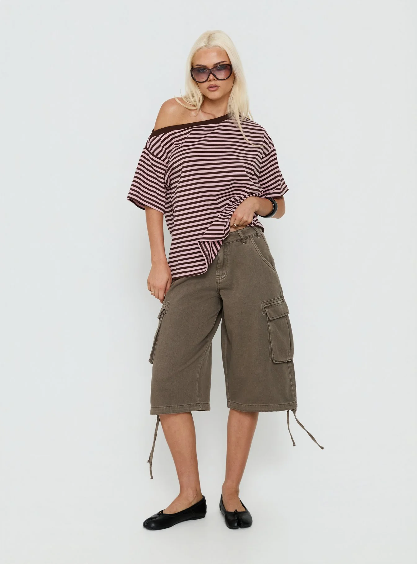 Settle Down One Shoulder Top Pink / Chocolate Stripe
