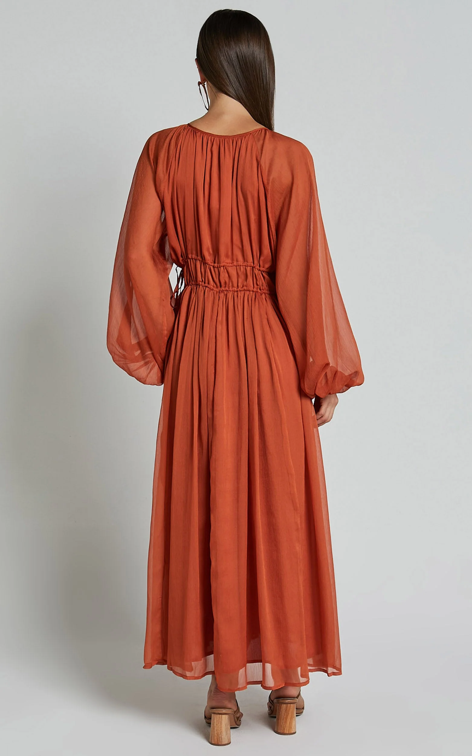 Roxanna Maxi Dress - Long Sleeve Ruched Waist Dress in Rust
