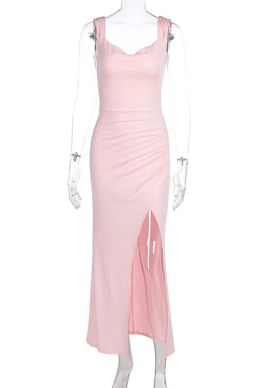 Pink Cowl Neck Fitted Slit Long Dress