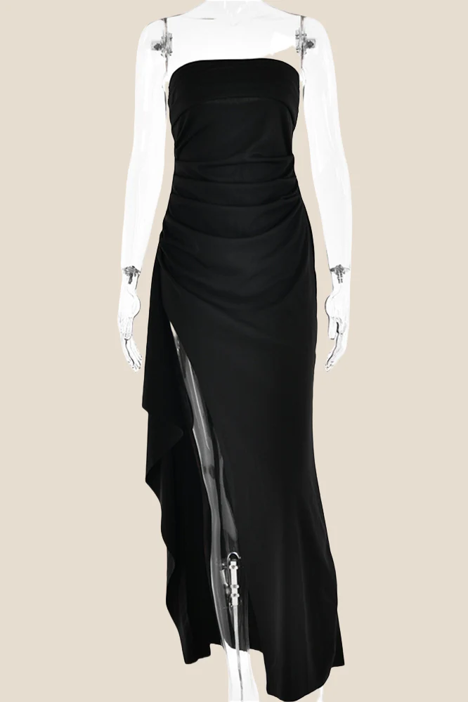 Strapless Black Ruched Long Dress with Slit