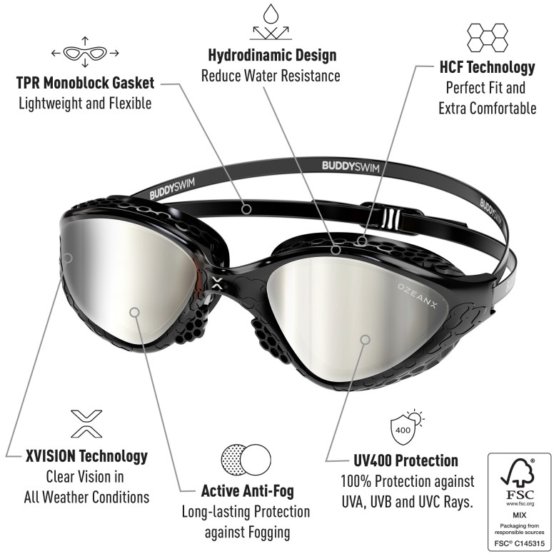 Buddyswim OzeanX Swim Goggles - black/silver mirror