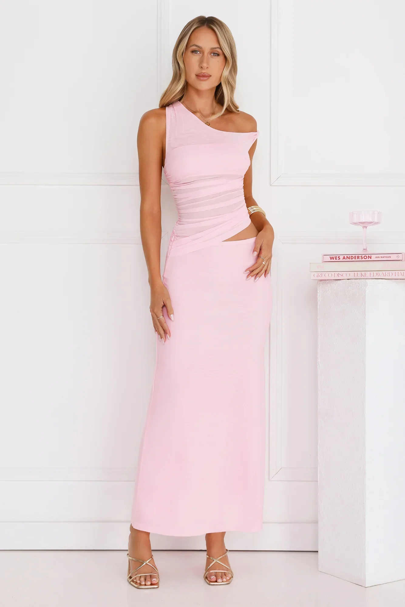 Everyday Pretty Off Shoulder Mesh Maxi Dress Pink